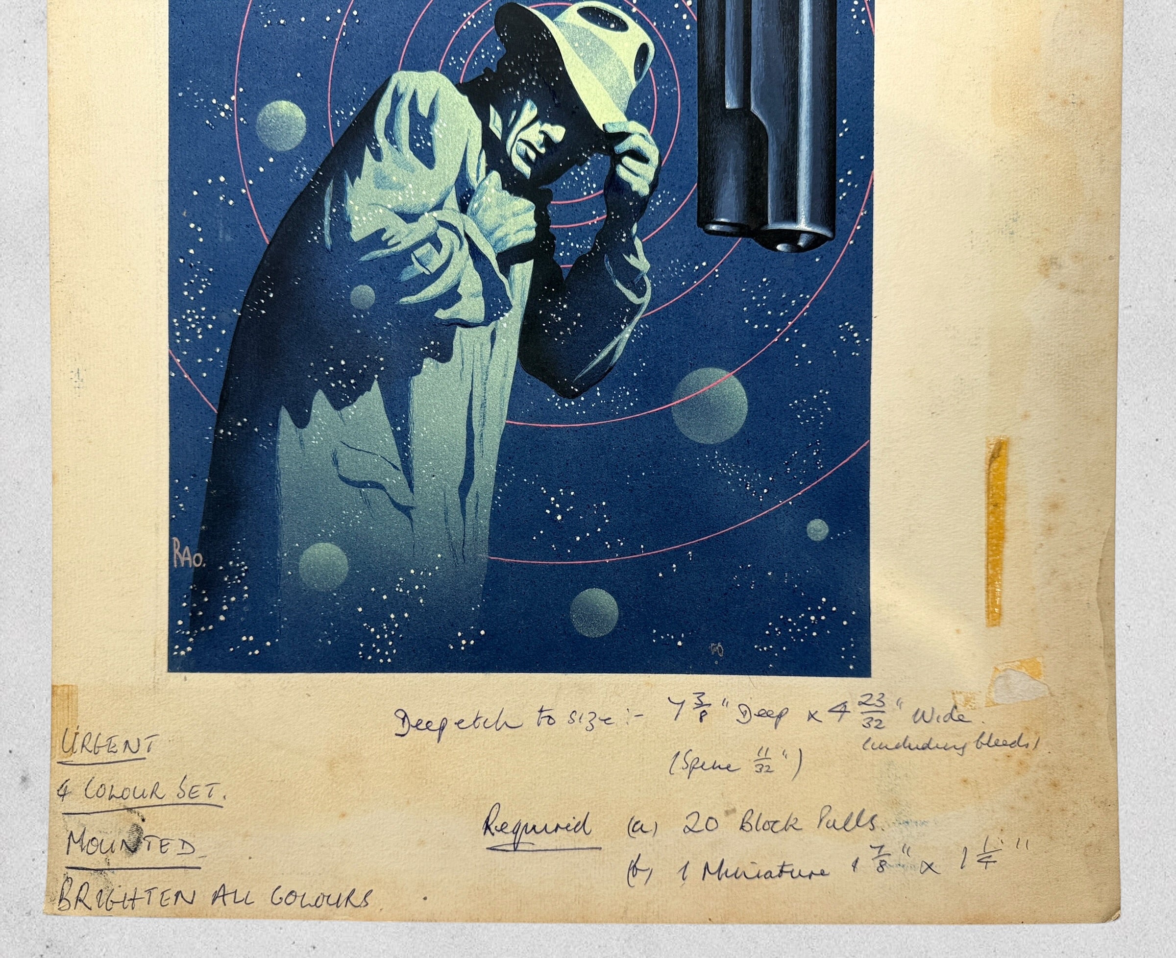 Original pulp sci-fi paperback cover art painting signed RAO with authentic vintage publishing production notes and surreal noir illustration imagery.