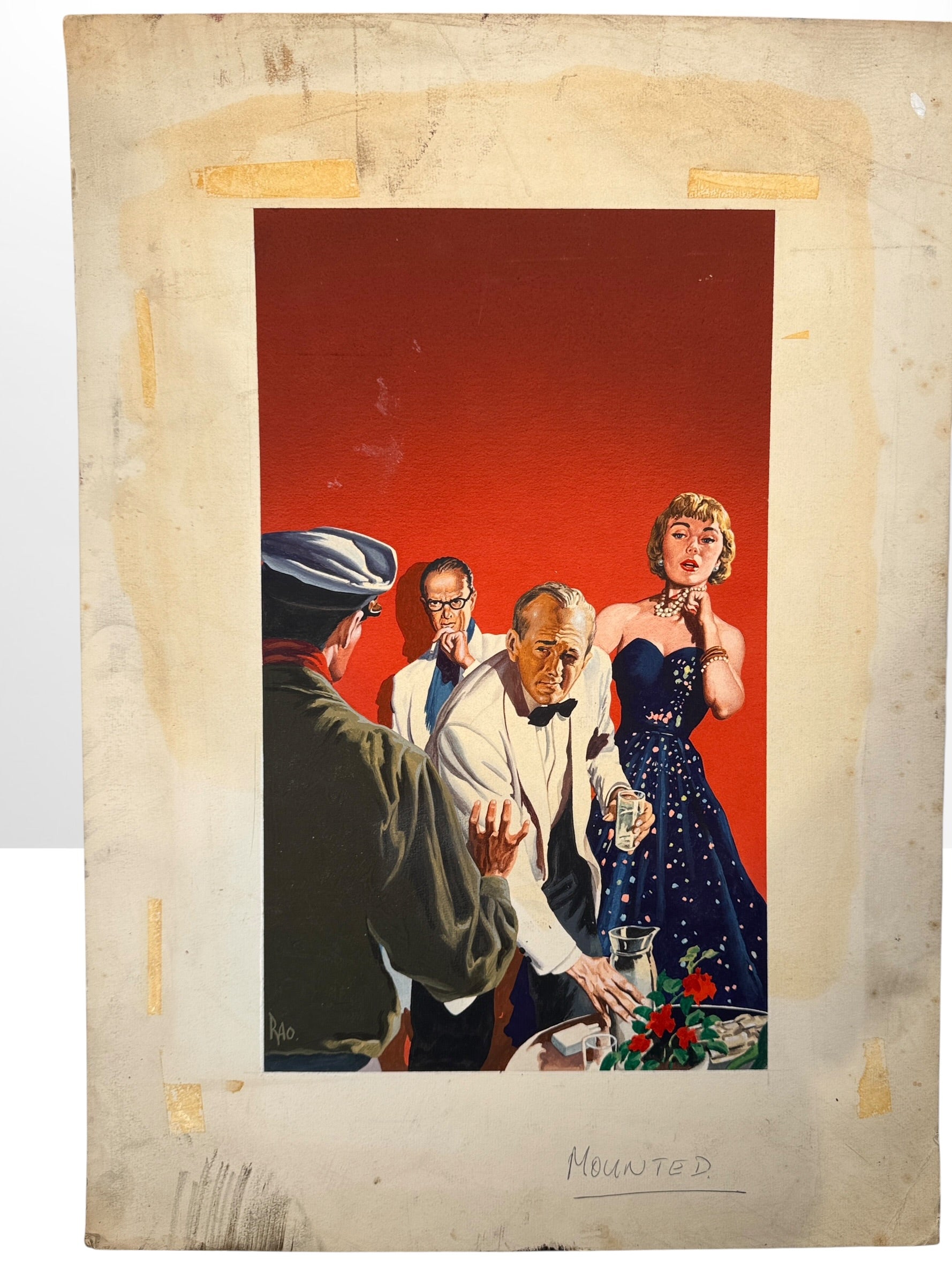 Original 1950s noir pulp cover art signed RAO attributed to Al Rao, vintage mystery paperback illustration painting on Winsor &amp; Newton HERGA board.
