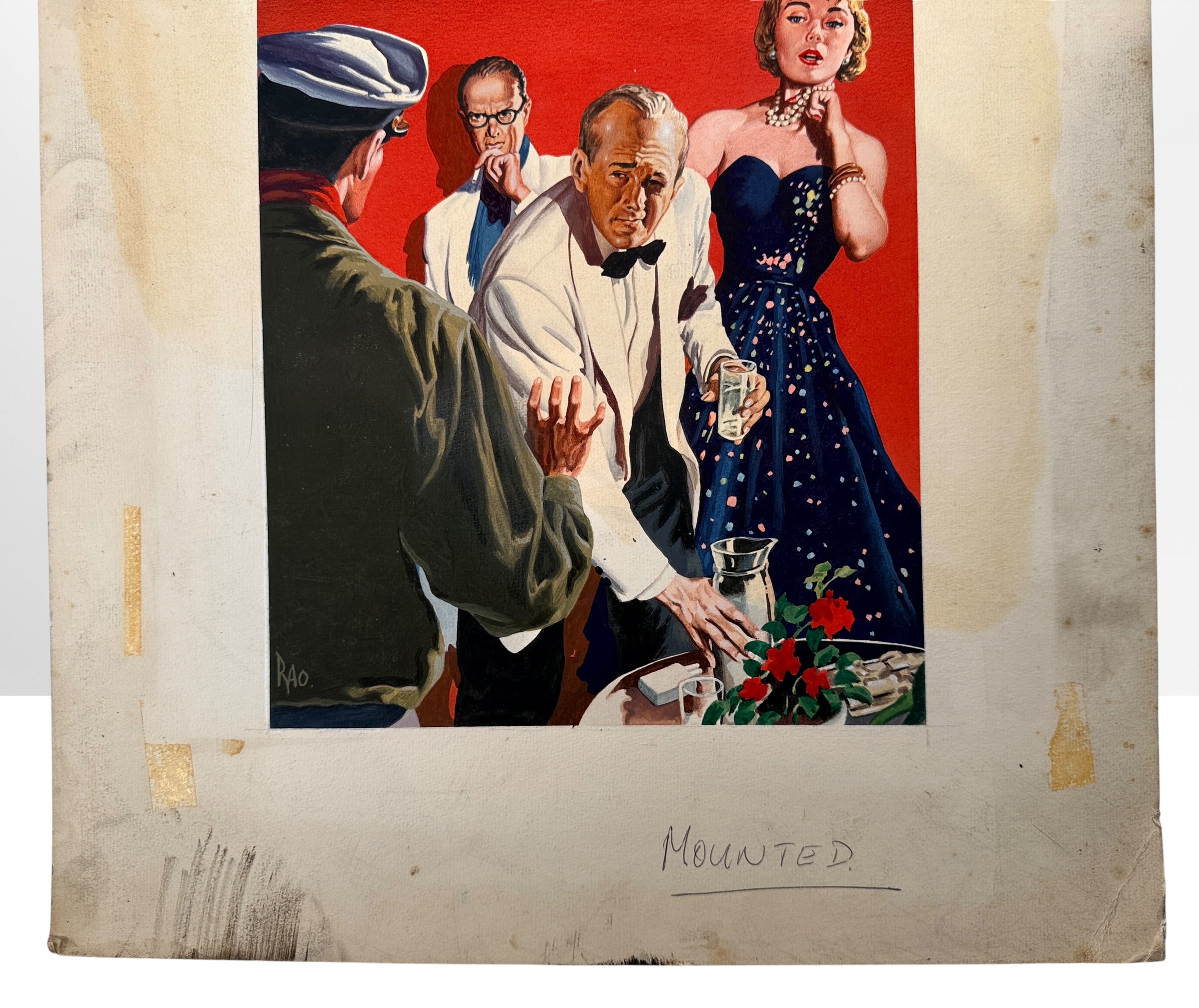Original 1950s noir pulp cover art signed RAO attributed to Al Rao, vintage mystery paperback illustration painting on Winsor &amp; Newton HERGA board.