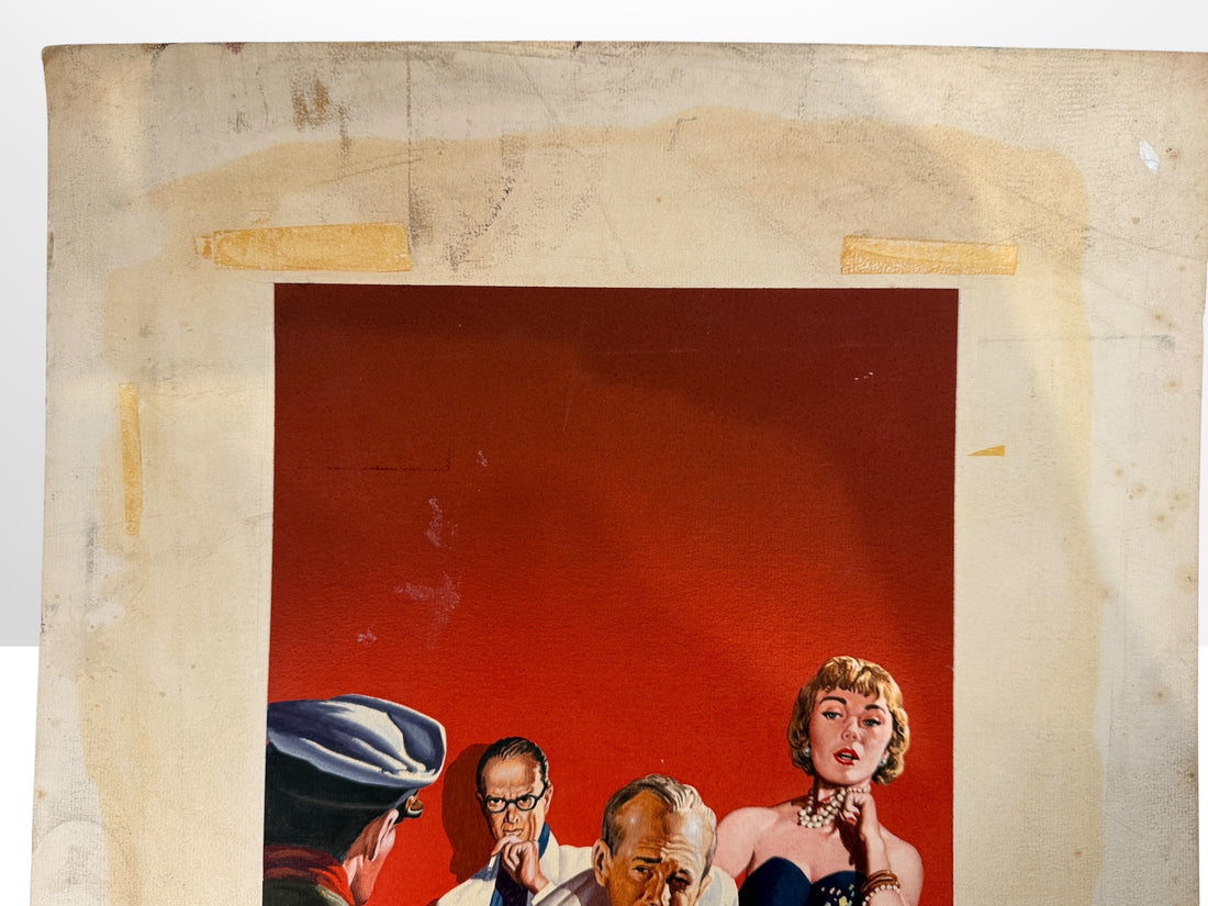Original 1950s noir pulp cover art signed RAO attributed to Al Rao, vintage mystery paperback illustration painting on Winsor &amp; Newton HERGA board.