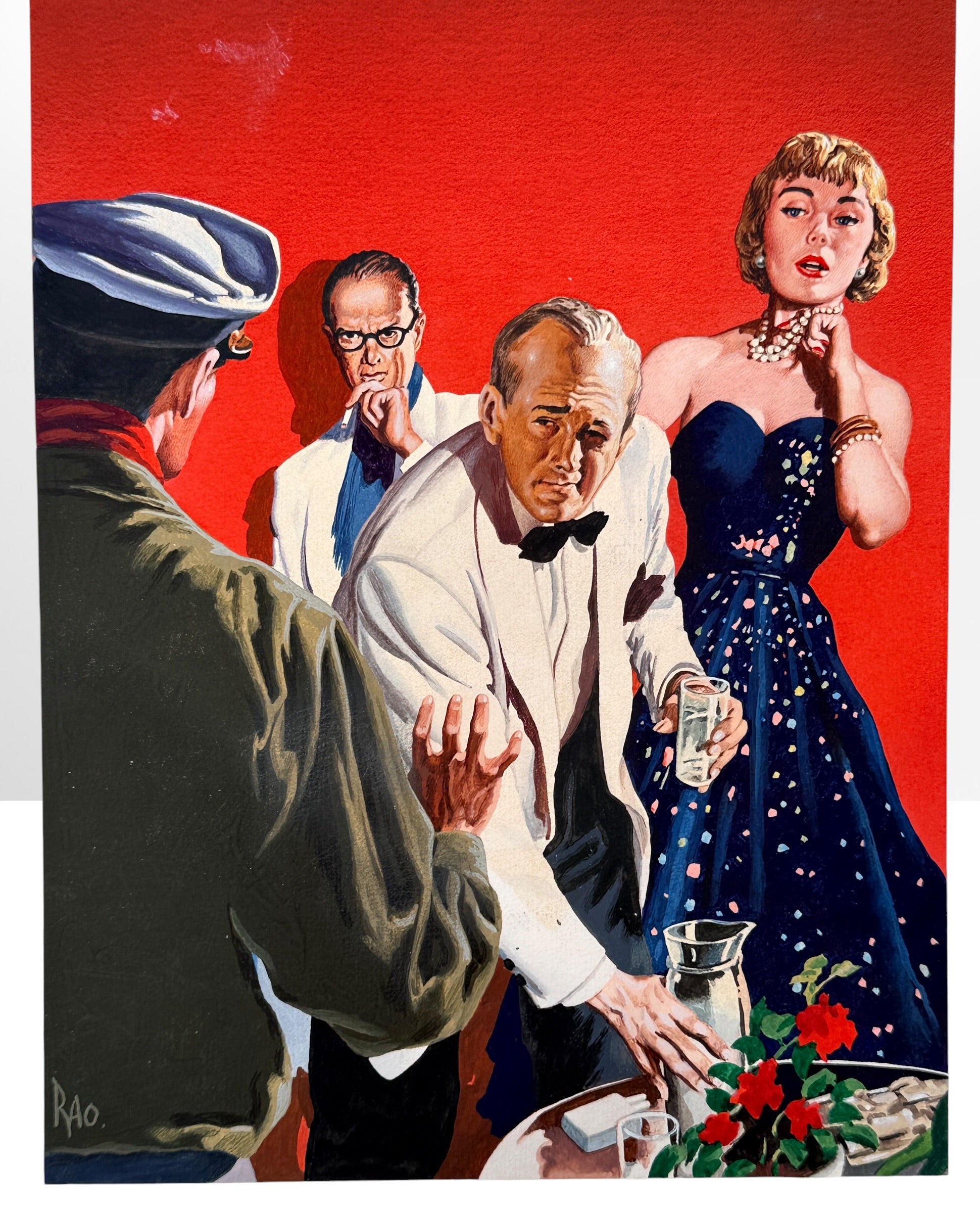 Original 1950s noir pulp cover art signed RAO attributed to Al Rao, vintage mystery paperback illustration painting on Winsor &amp; Newton HERGA board.