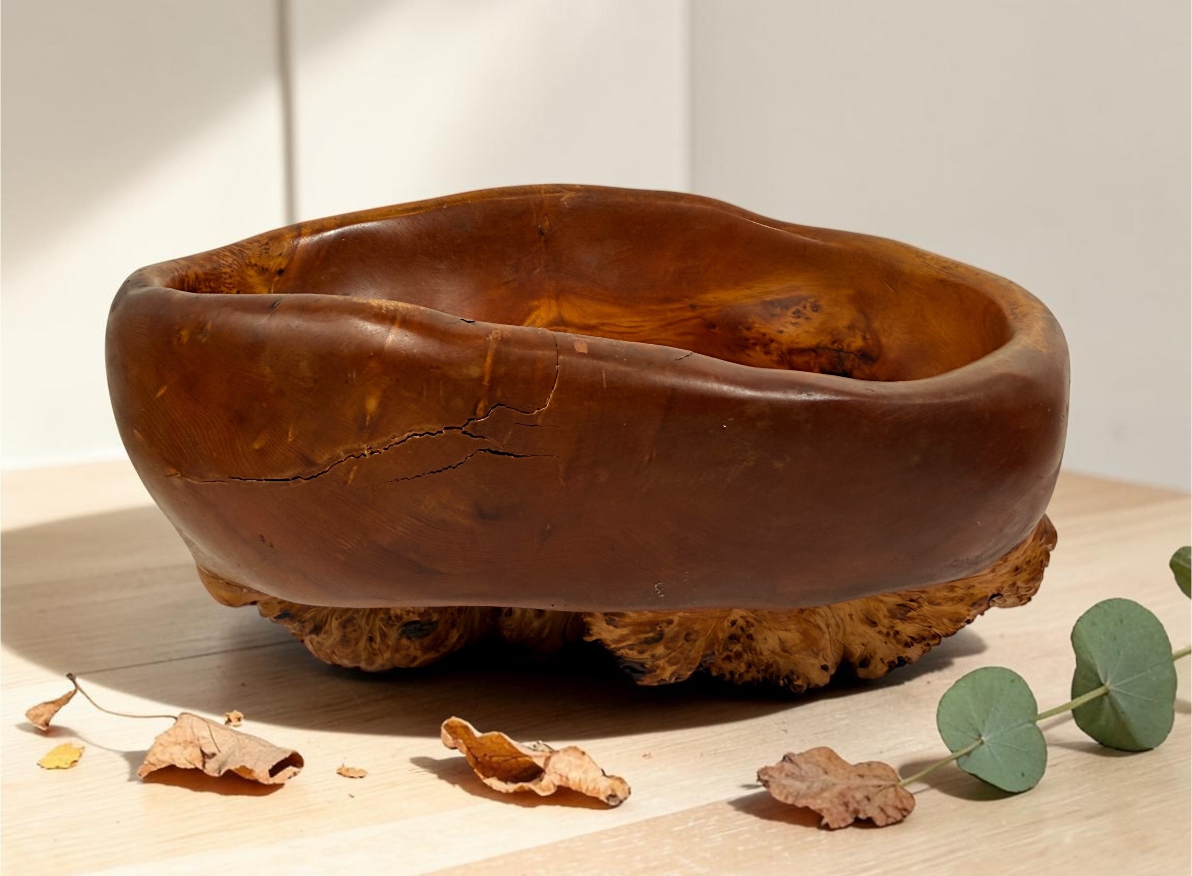 Hand-carved yellow cedar burl bowl signed Totino Bob and dated 1995. Sculptural Pacific Northwest studio craft centerpiece with organic modern style.