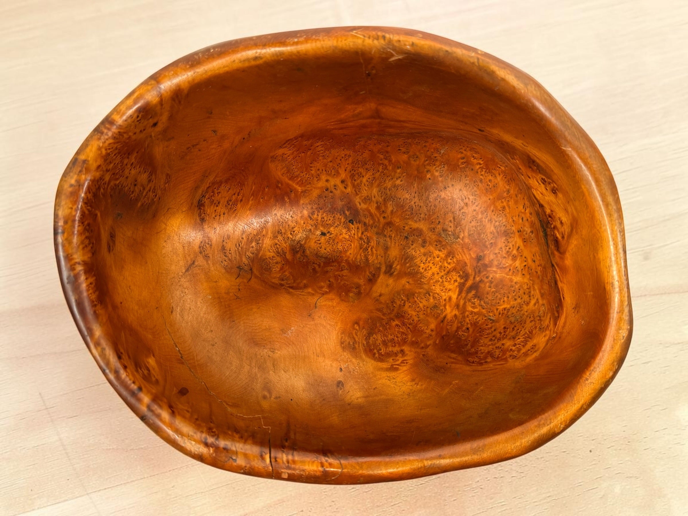 Hand-carved yellow cedar burl bowl signed Totino Bob and dated 1995. Sculptural Pacific Northwest studio craft centerpiece with organic modern style.