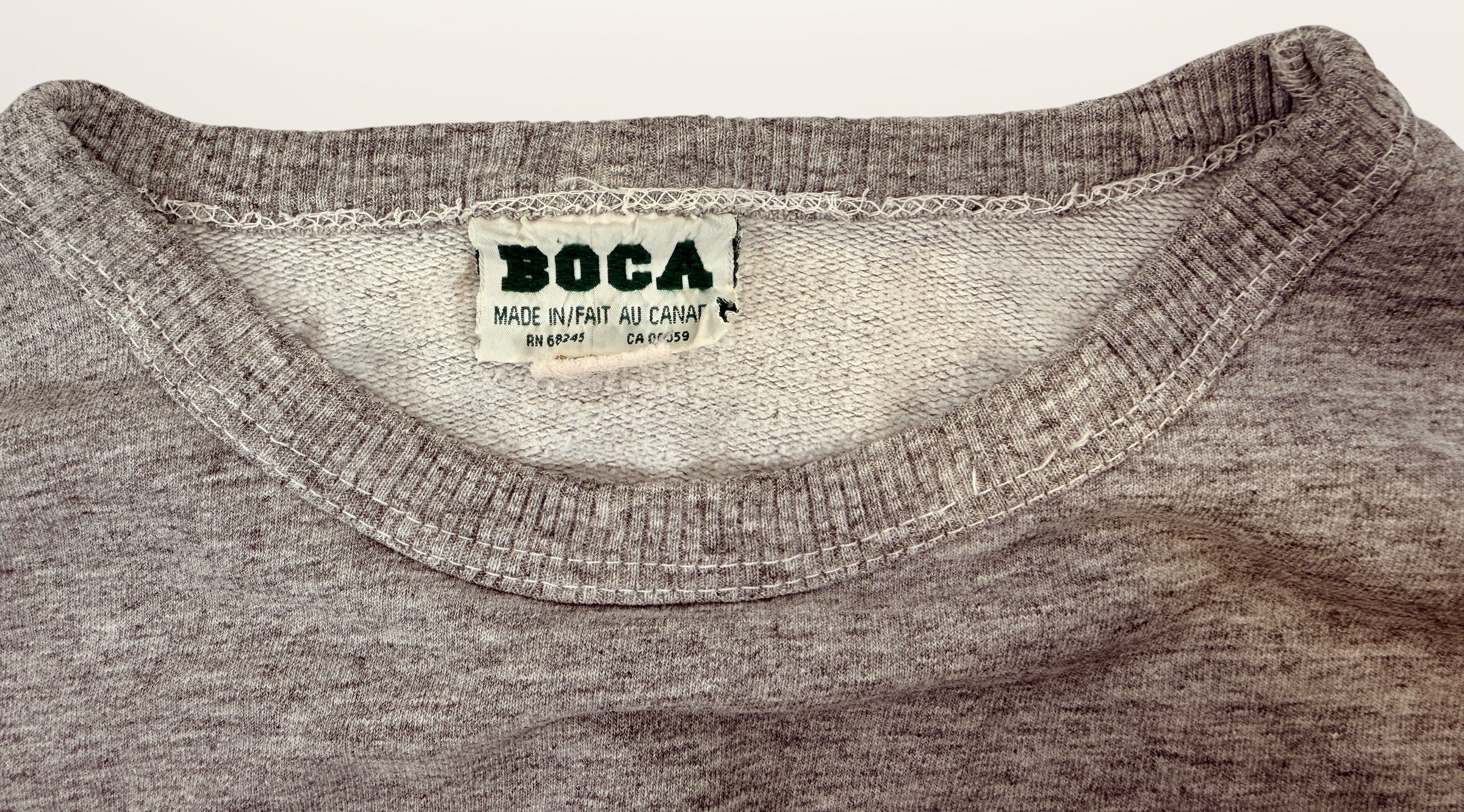 Vintage BOCA Canadian-made crewneck sweatshirt in grey with varsity logo styling and relaxed 90s athletic wear fit.