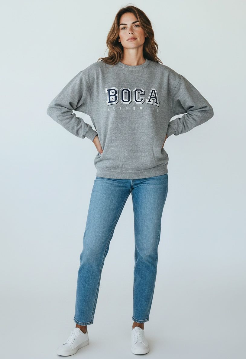 Vintage BOCA Canadian-made crewneck sweatshirt in grey with varsity logo styling and relaxed 90s athletic wear fit.
