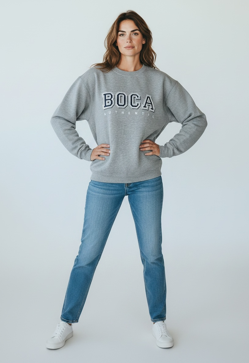 Vintage BOCA Canadian-made crewneck sweatshirt in grey with varsity logo styling and relaxed 90s athletic wear fit.