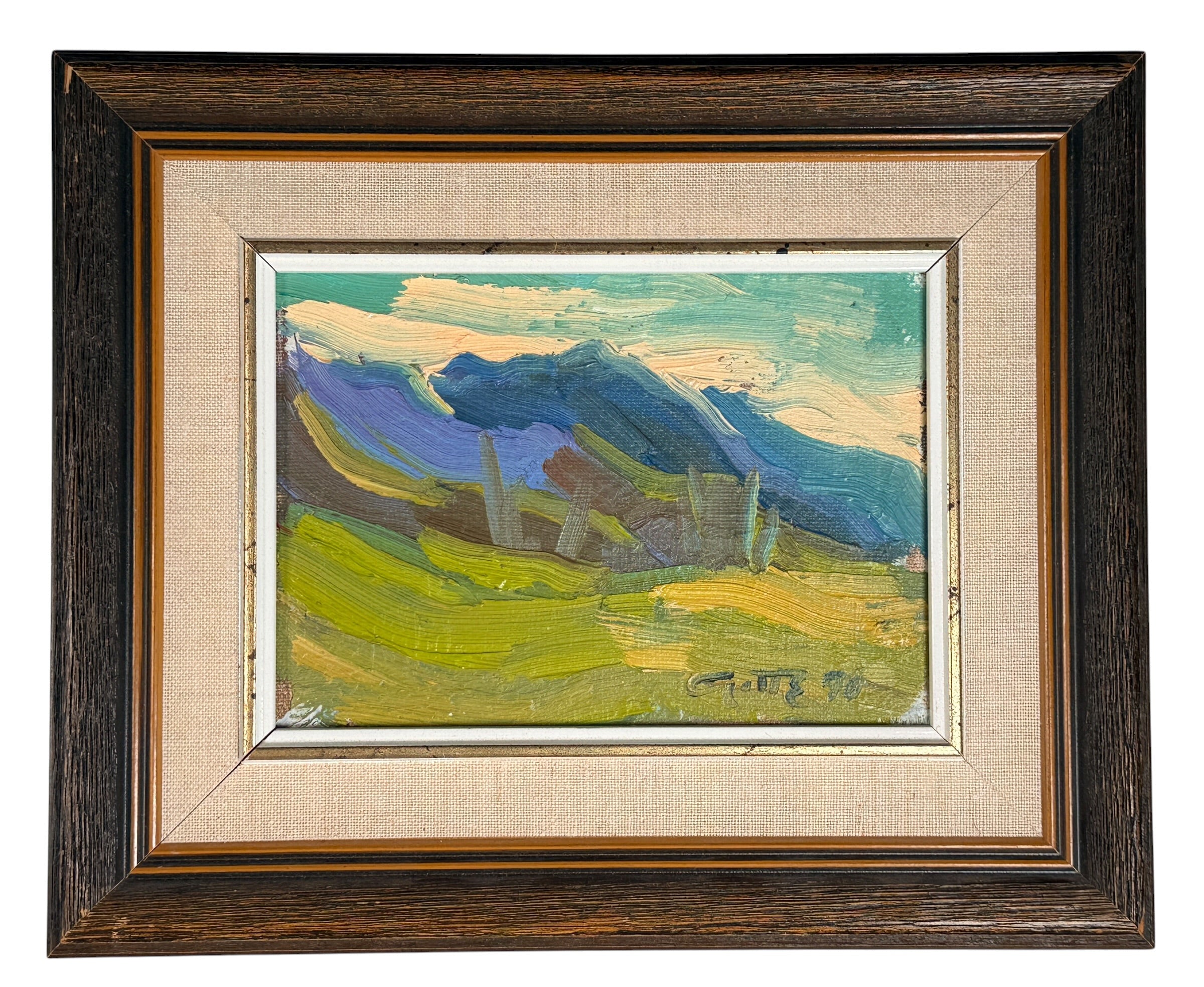 Attributed Léo Ayotte 1970 oil landscape painting with expressive impasto brushwork, Quebec modernist style, and original vintage frame.