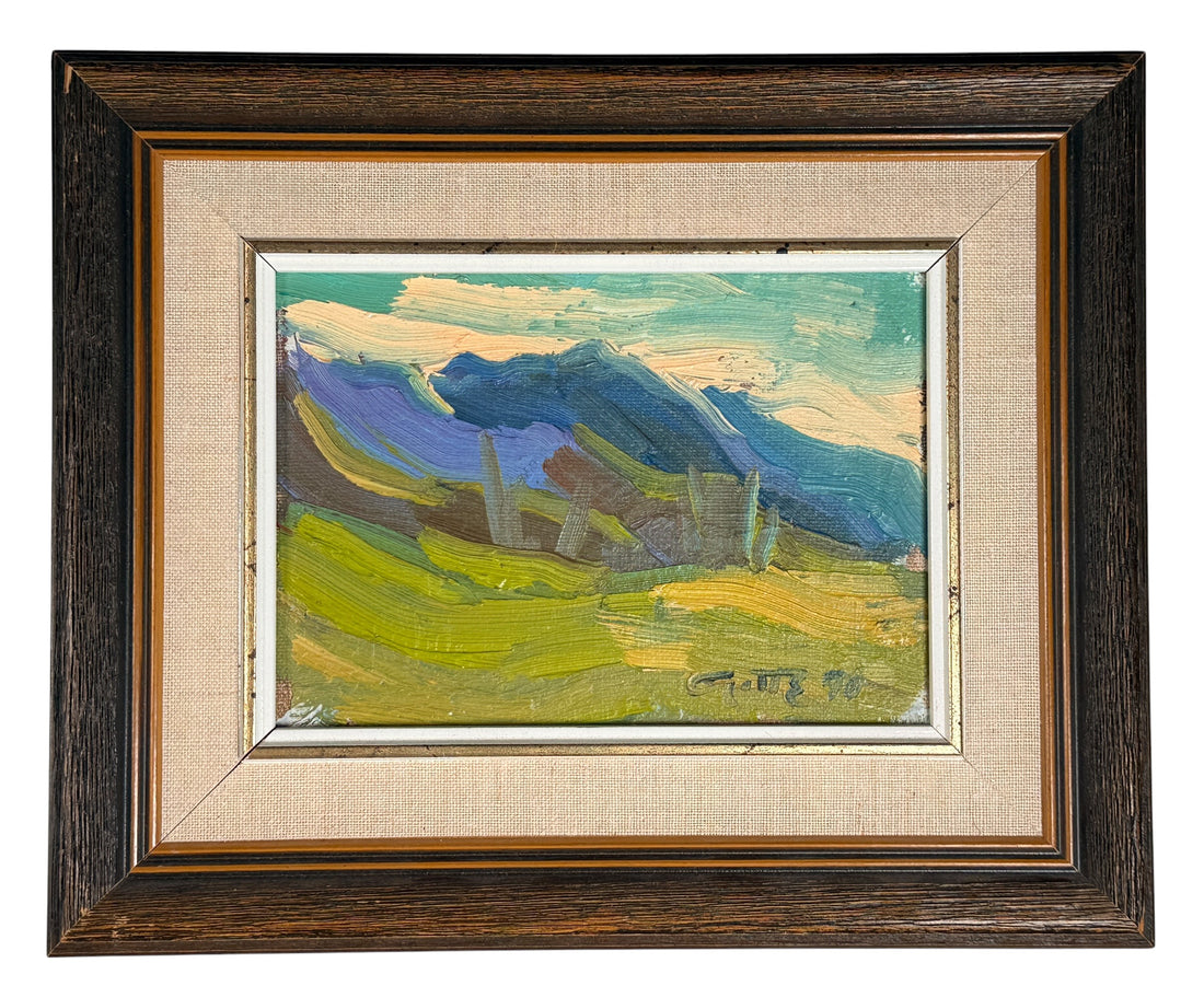 Attributed Léo Ayotte 1970 oil landscape painting with expressive impasto brushwork, Quebec modernist style, and original vintage frame.