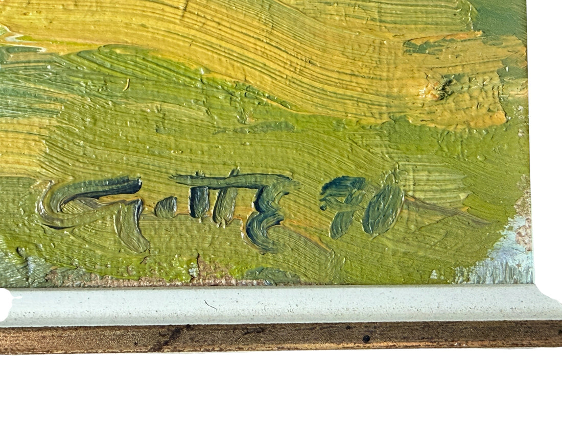 Attributed Léo Ayotte 1970 oil landscape painting with expressive impasto brushwork, Quebec modernist style, and original vintage frame.