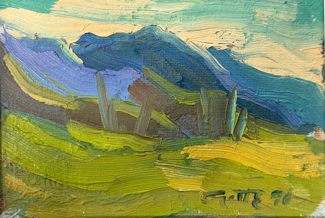 Attributed Léo Ayotte 1970 oil landscape painting with expressive impasto brushwork, Quebec modernist style, and original vintage frame.
