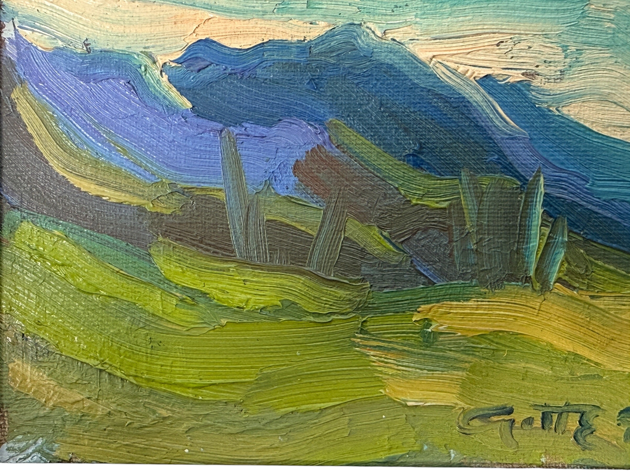 Attributed Léo Ayotte 1970 oil landscape painting with expressive impasto brushwork, Quebec modernist style, and original vintage frame.