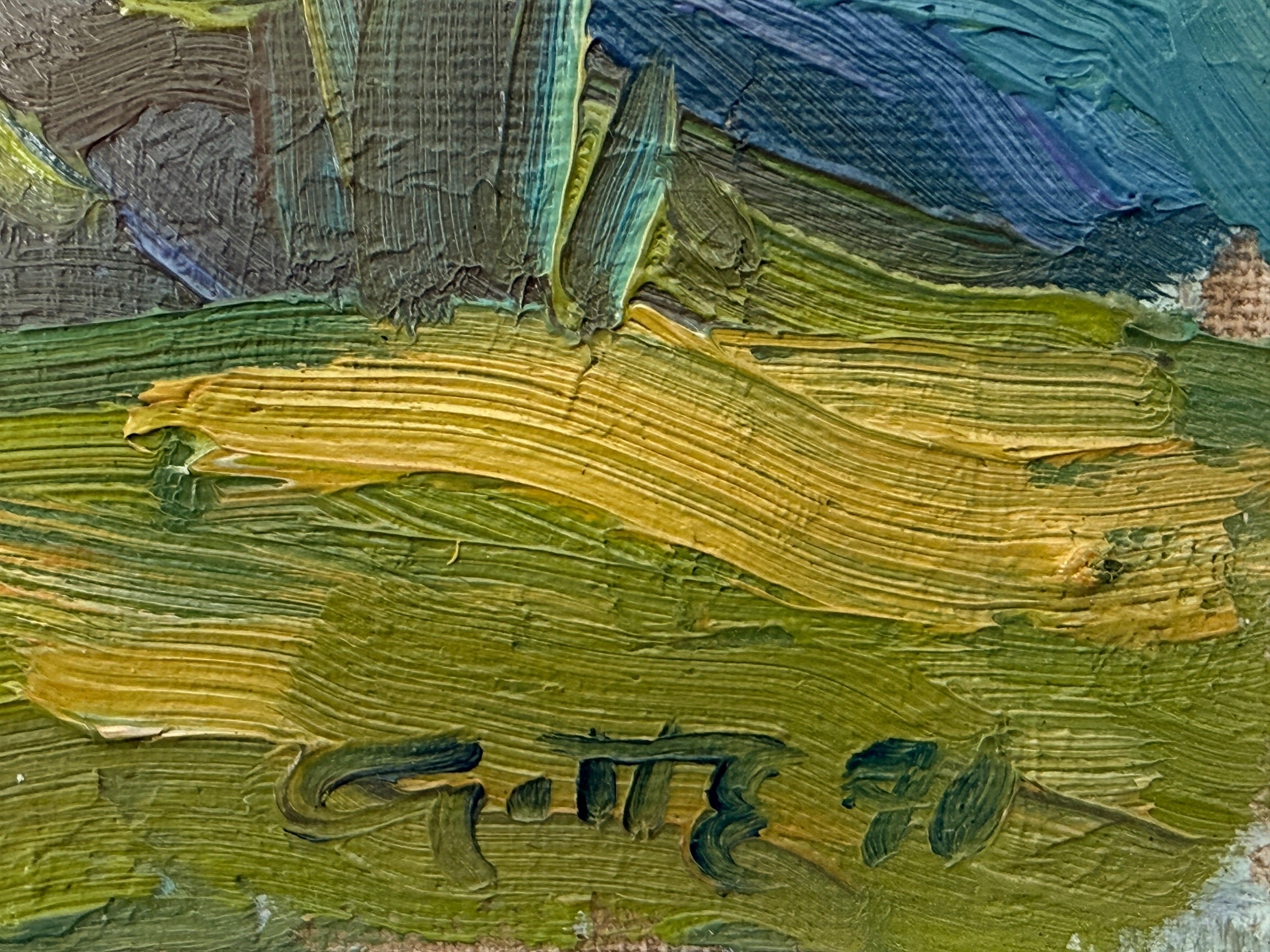 Attributed Léo Ayotte 1970 oil landscape painting with expressive impasto brushwork, Quebec modernist style, and original vintage frame.
