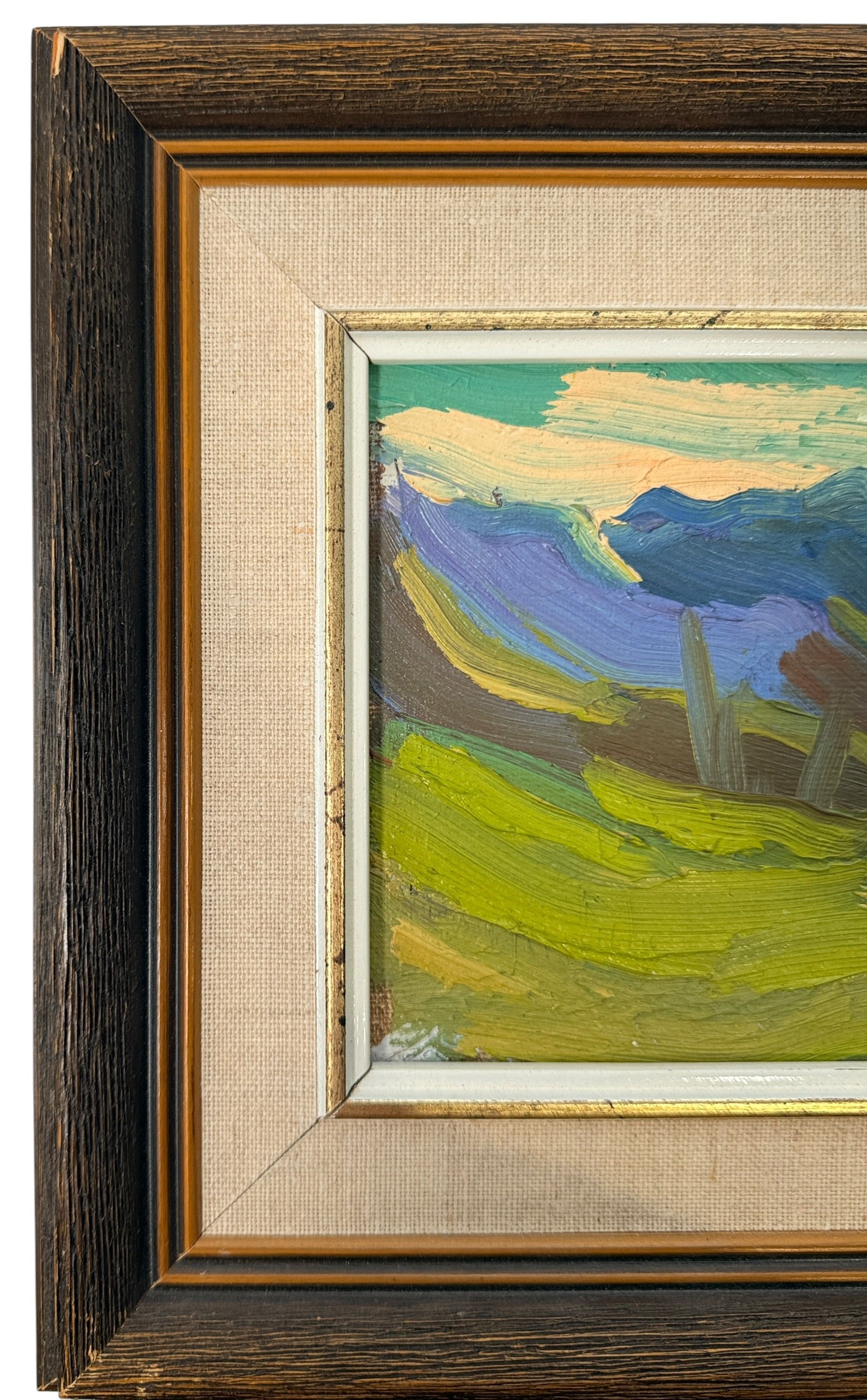 Attributed Léo Ayotte 1970 oil landscape painting with expressive impasto brushwork, Quebec modernist style, and original vintage frame.
