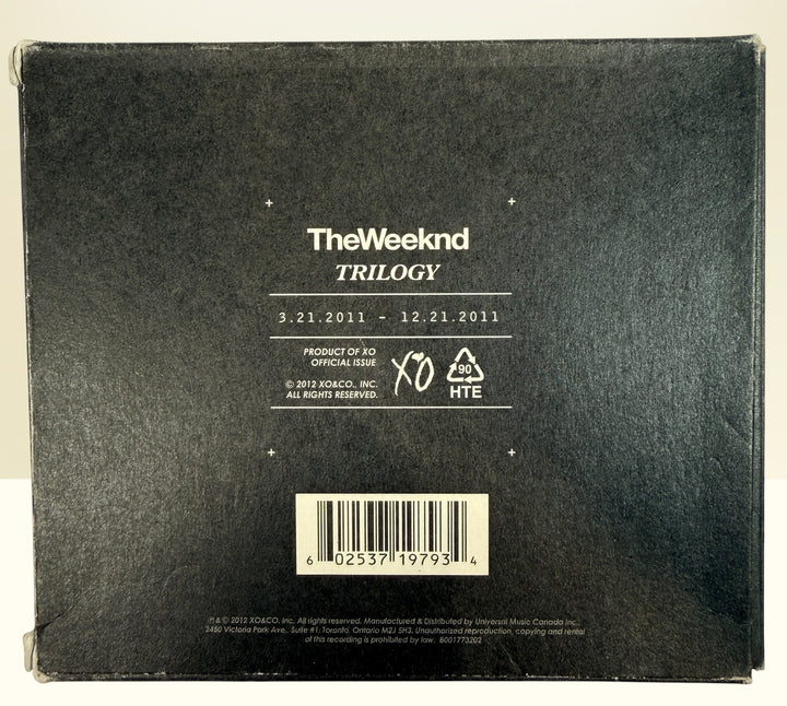 Official 2012 The Weeknd Trilogy 3CD deluxe XO Canada box set with House of Balloons, Thursday, and Echoes of Silence in foldout digipak packaging.