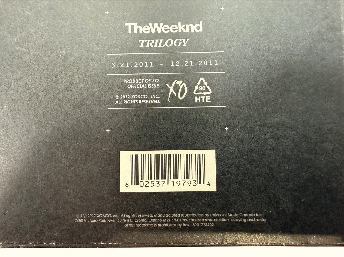 Official 2012 The Weeknd Trilogy 3CD deluxe XO Canada box set with House of Balloons, Thursday, and Echoes of Silence in foldout digipak packaging.