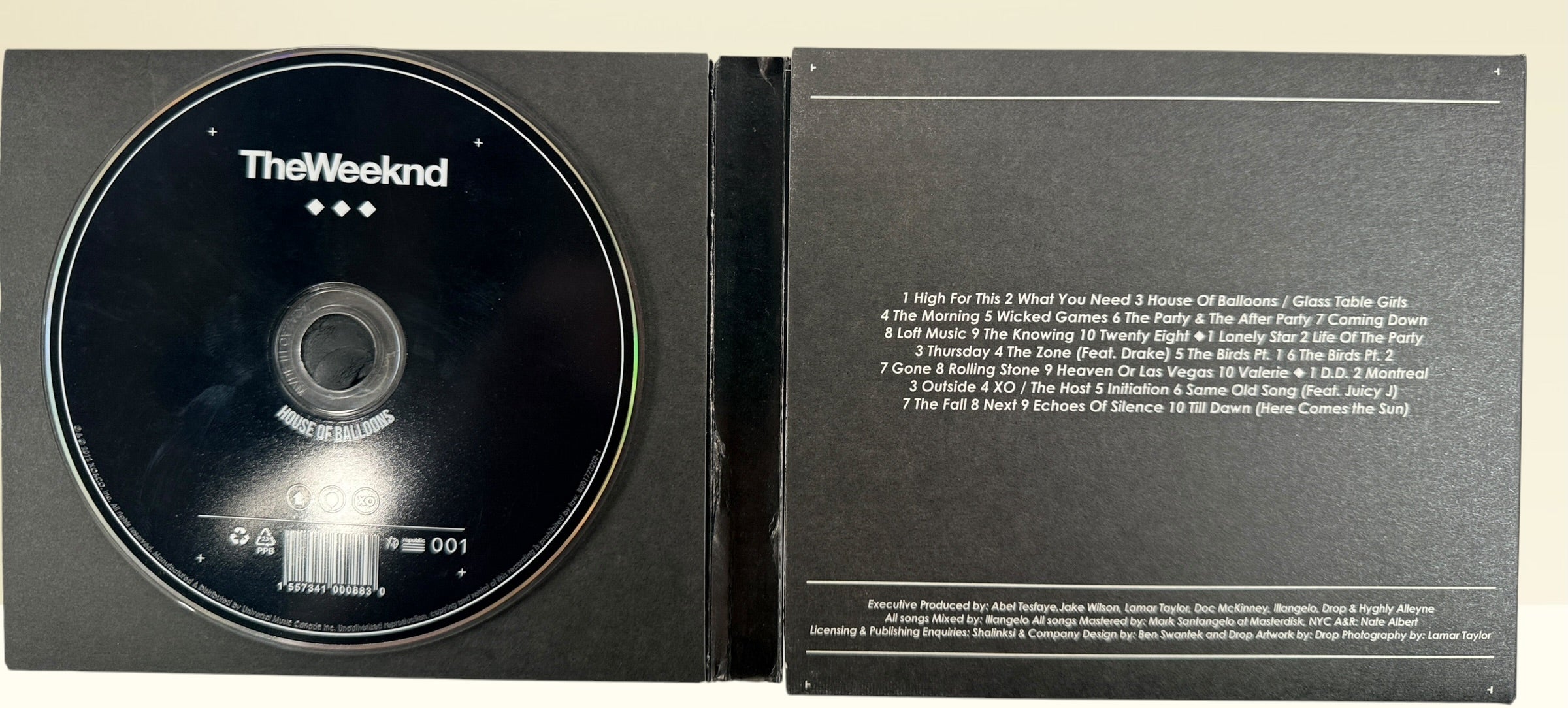 Official 2012 The Weeknd Trilogy 3CD deluxe XO Canada box set with House of Balloons, Thursday, and Echoes of Silence in foldout digipak packaging.