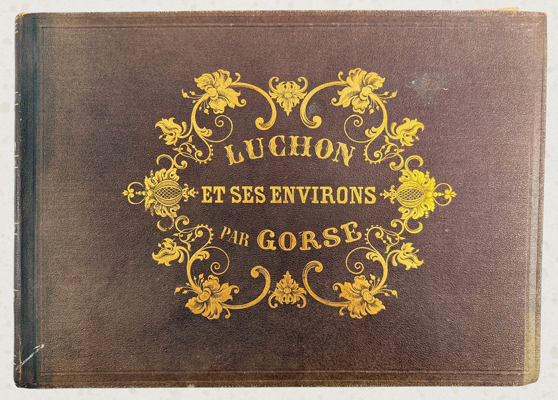Antique French lithograph album featuring scenic Pyrenees views of Luchon, original 19th-century plates, fold-outs, and gilt decorative binding.