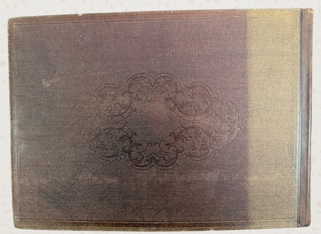 Antique French lithograph album featuring scenic Pyrenees views of Luchon, original 19th-century plates, fold-outs, and gilt decorative binding.