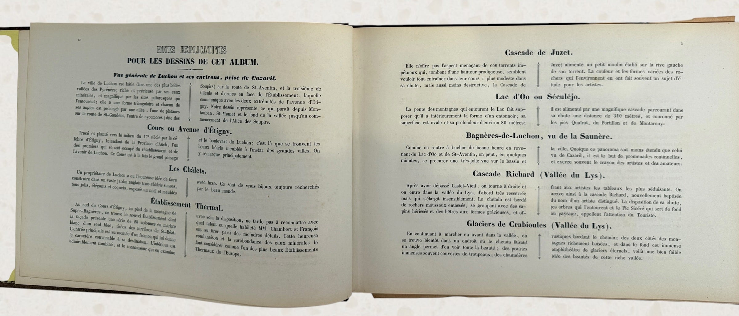 Antique French lithograph album featuring scenic Pyrenees views of Luchon, original 19th-century plates, fold-outs, and gilt decorative binding.