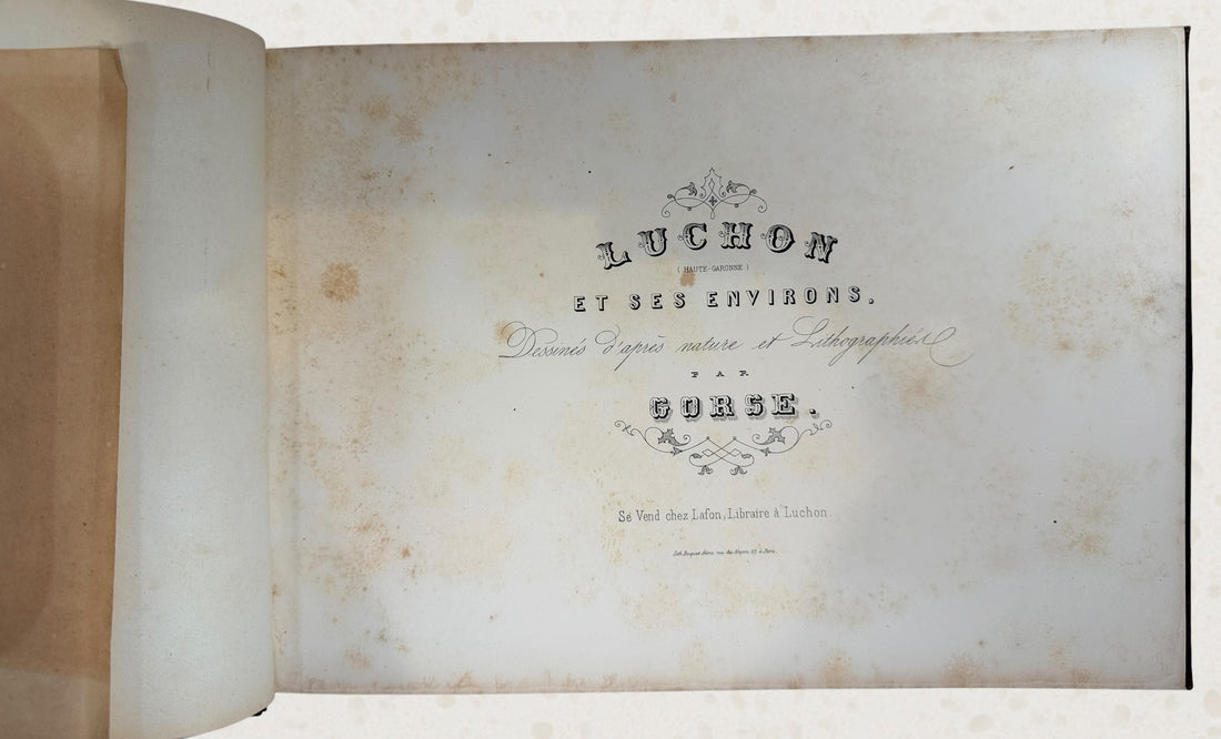 Antique French lithograph album featuring scenic Pyrenees views of Luchon, original 19th-century plates, fold-outs, and gilt decorative binding.