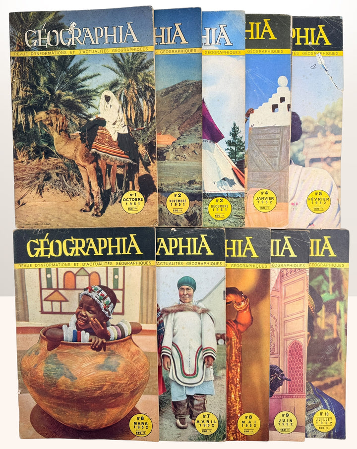 Complete 1951–1952 Géographia magazine set from France featuring stunning mid-century travel photography, world culture imagery, and collectible Paris-published ephemera.