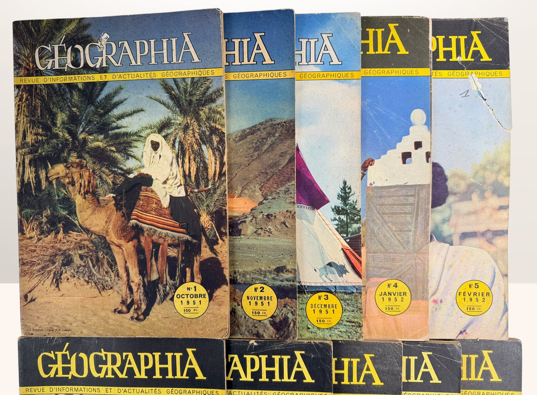 Complete 1951–1952 Géographia magazine set from France featuring stunning mid-century travel photography, world culture imagery, and collectible Paris-published ephemera.