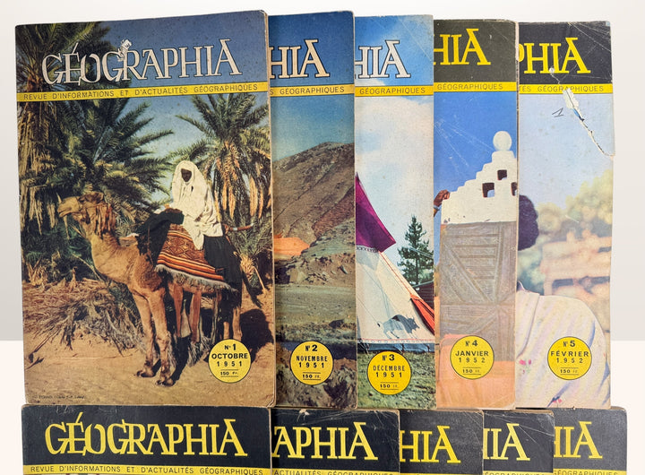 Complete 1951–1952 Géographia magazine set from France featuring stunning mid-century travel photography, world culture imagery, and collectible Paris-published ephemera.