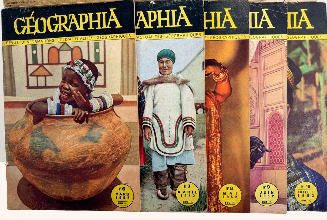 Complete 1951–1952 Géographia magazine set from France featuring stunning mid-century travel photography, world culture imagery, and collectible Paris-published ephemera.