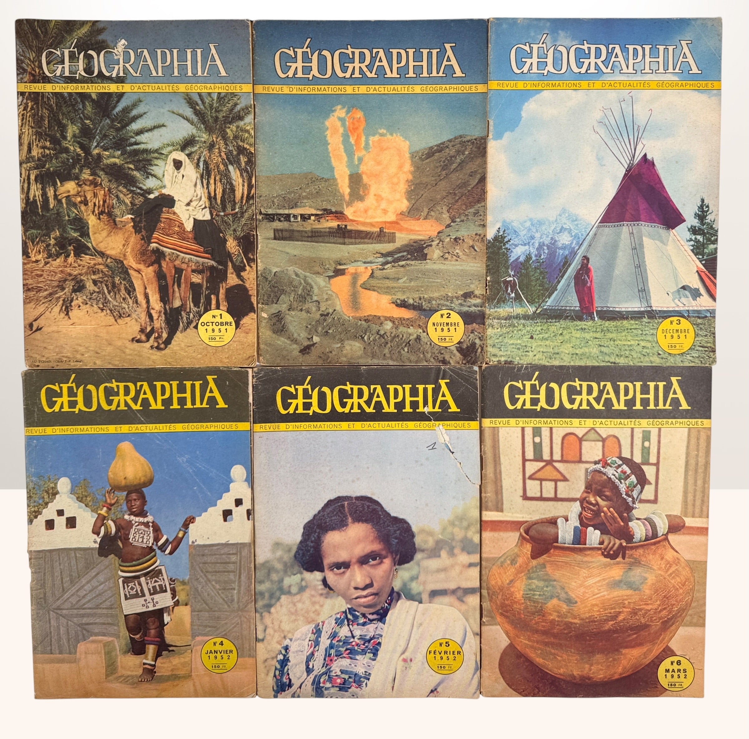 Complete 1951–1952 Géographia magazine set from France featuring stunning mid-century travel photography, world culture imagery, and collectible Paris-published ephemera.