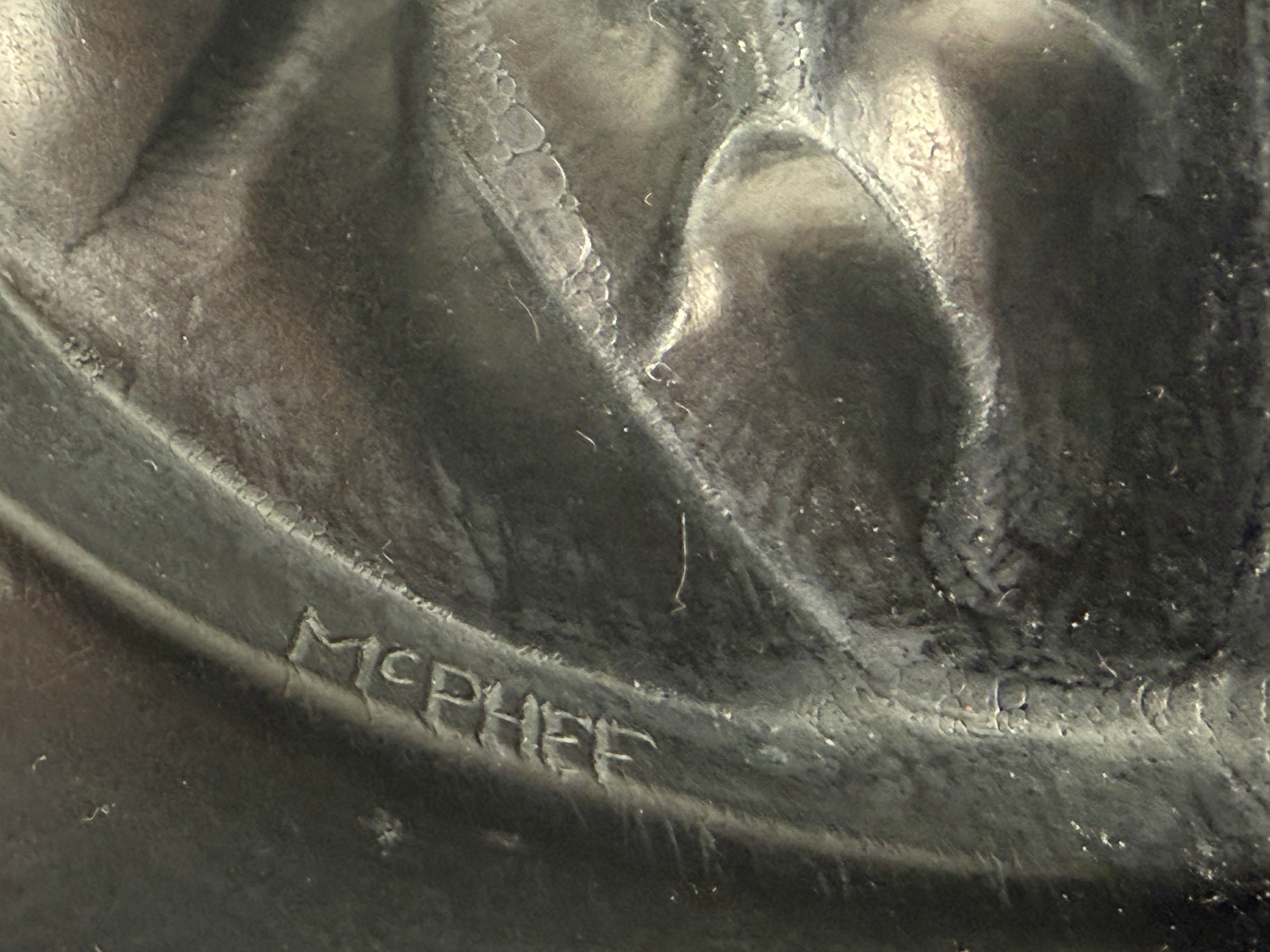 Signed BOMA Canada soapstone carving by McPhee, “Boy with Dog” Inuit-style polished black stone sculpture