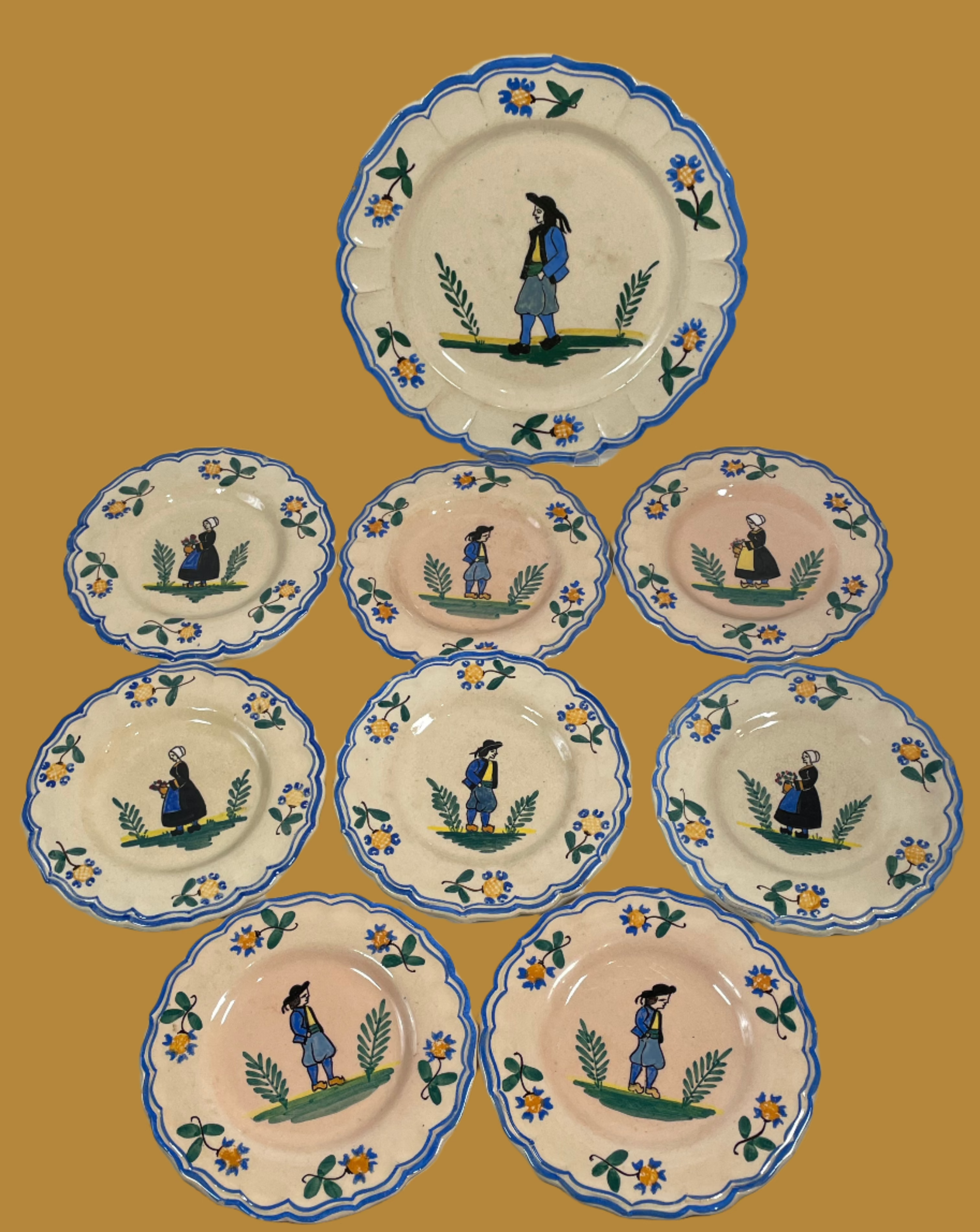 Vintage French Quimper-Style Faience Plates – Hand-Painted Breton Figures & Scalloped Edges