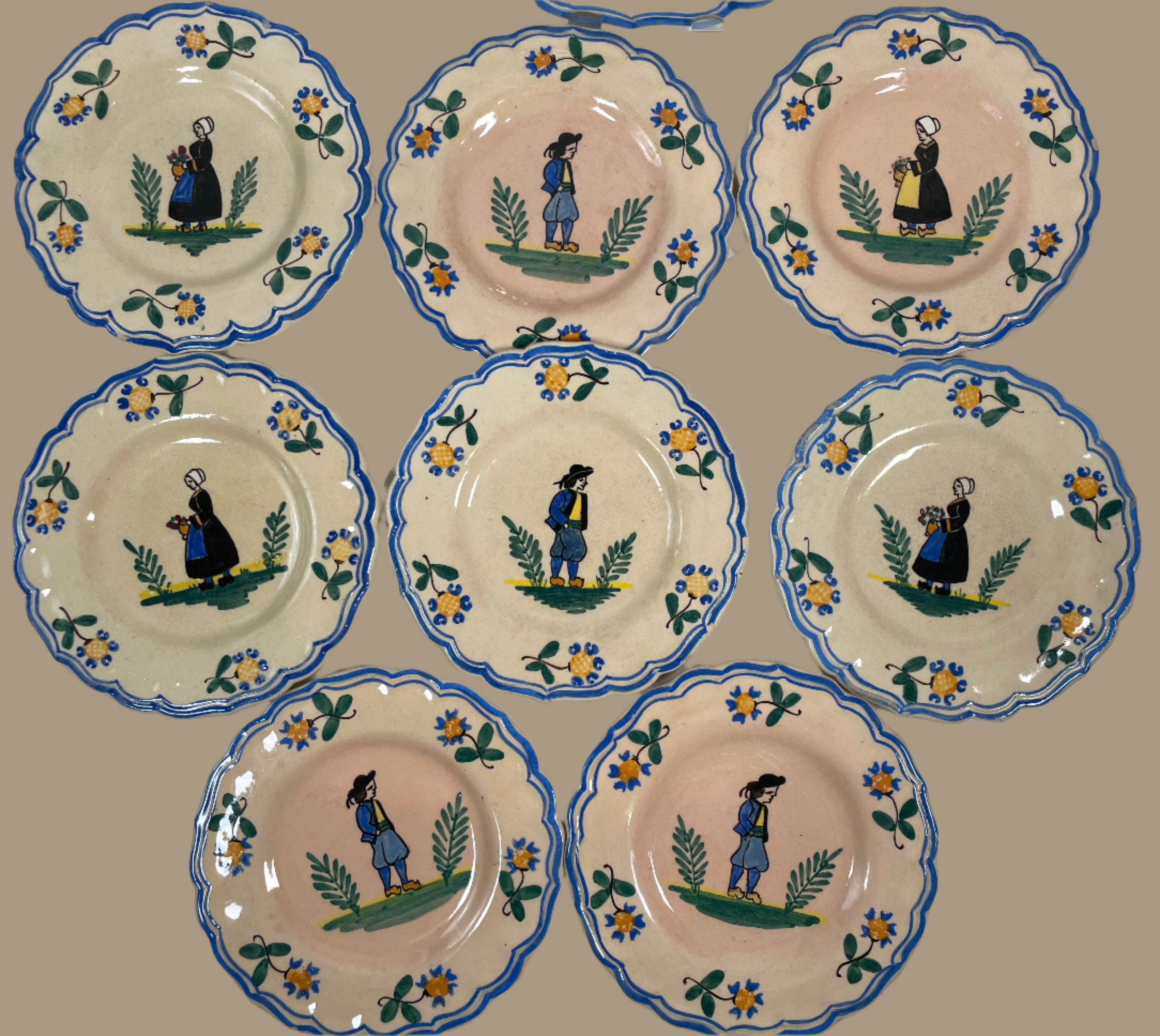 Vintage French Quimper-Style Faience Plates – Hand-Painted Breton Figures & Scalloped Edges