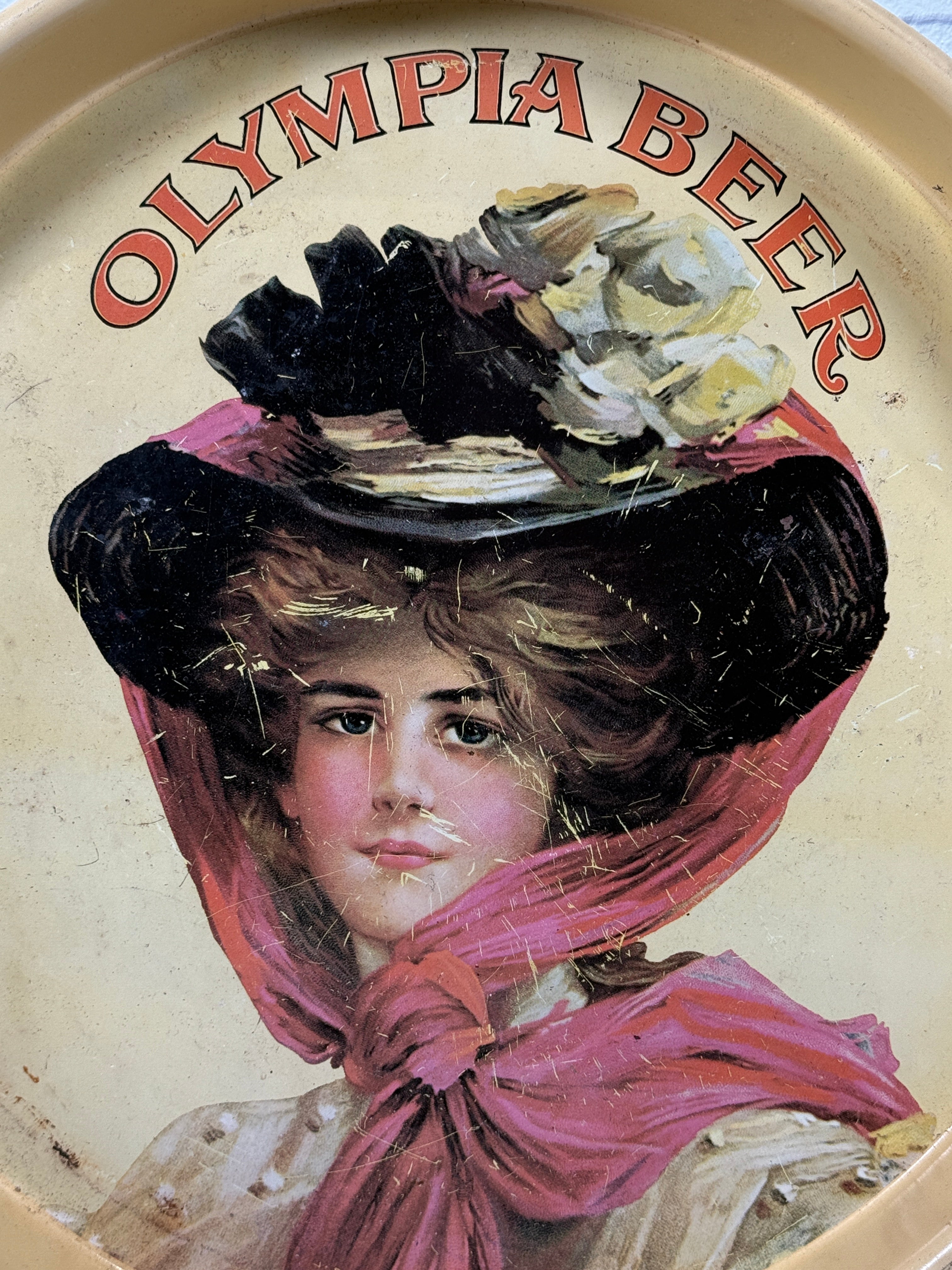 Vintage Olympia Beer Tin Serving Tray – Woman in Hat Advertising Design, 1970s