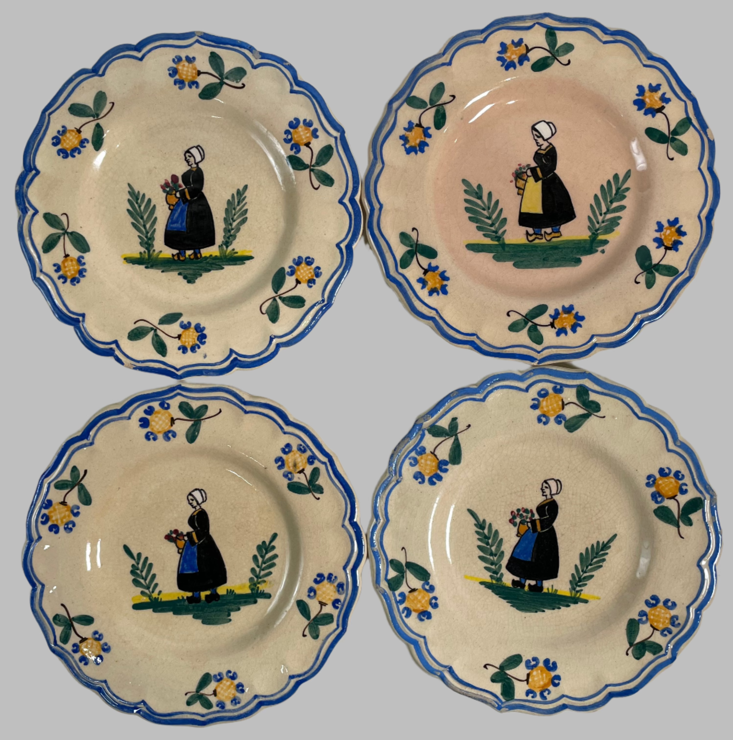 Vintage French Quimper-Style Faience Plates – Hand-Painted Breton Figures & Scalloped Edges