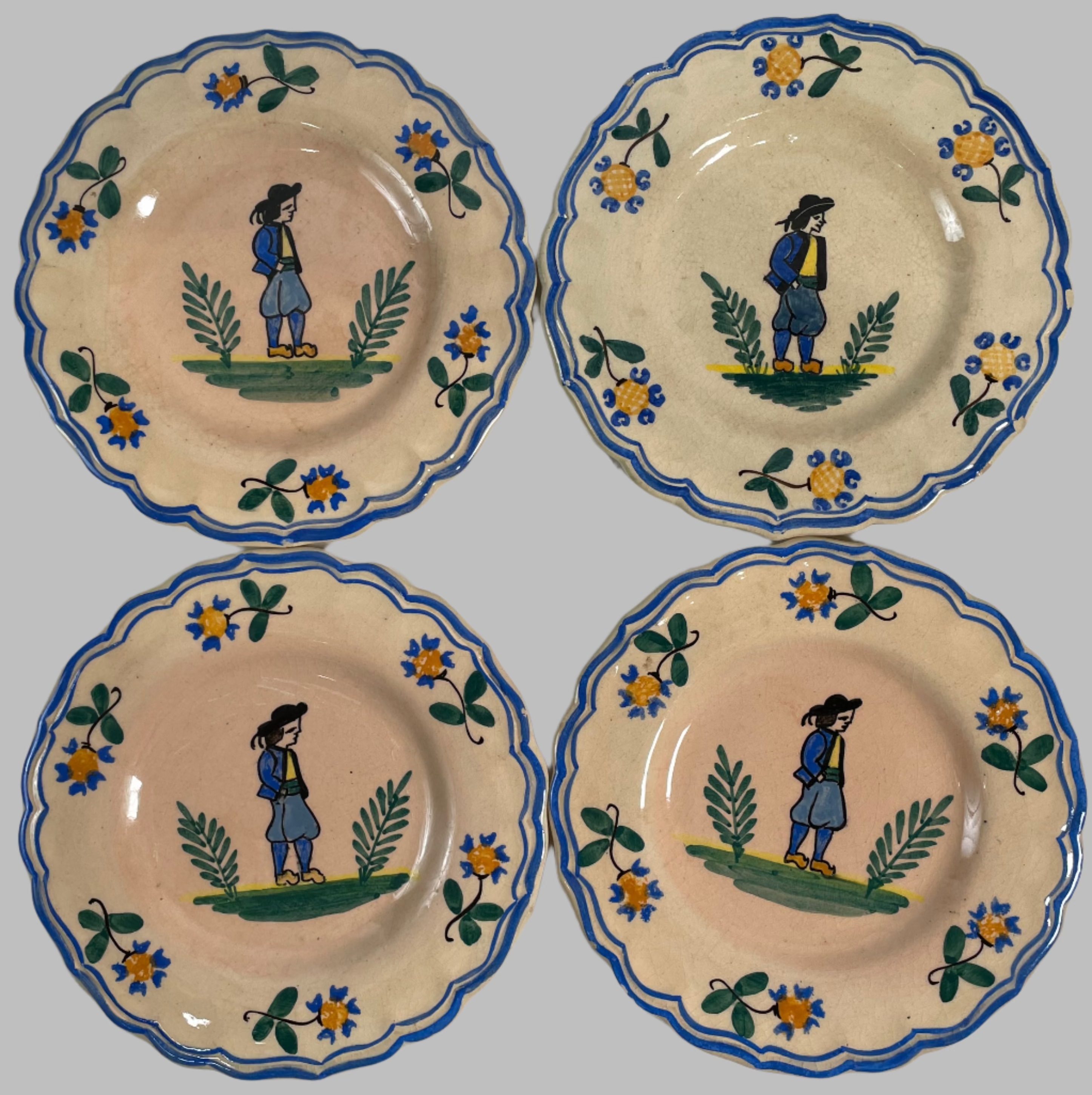 Vintage French Quimper-Style Faience Plates – Hand-Painted Breton Figures & Scalloped Edges