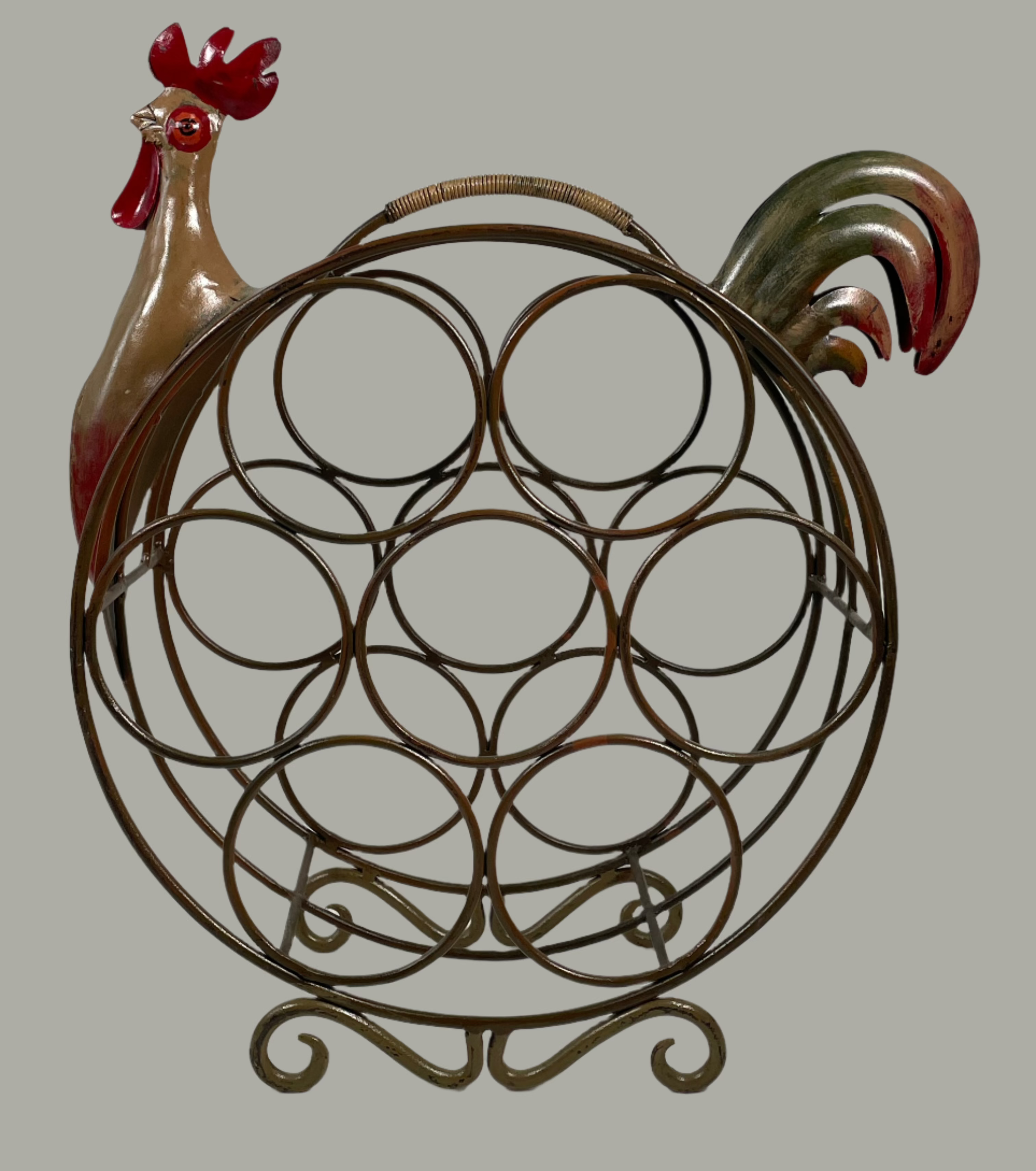 Vintage Rooster-Shaped Wine Bottle Rack – Red & Green Wrought Iron – Farmhouse Country Charm