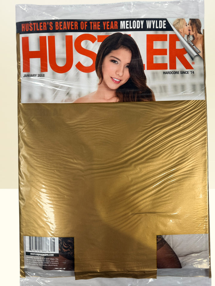 Sealed January 2018 Hustler Magazine featuring Melody Wylde Beaver of the Year in original gold privacy wrap. Collectible adult publication.