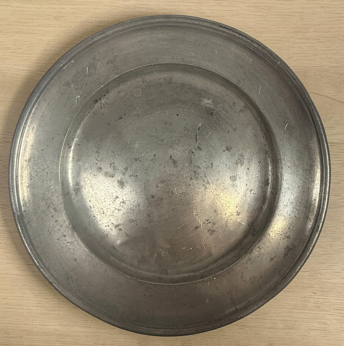 Antique continental pewter charger plate with rare angel marks and K. Winkel touchmarks. Primitive European pewter platter with aged patina.