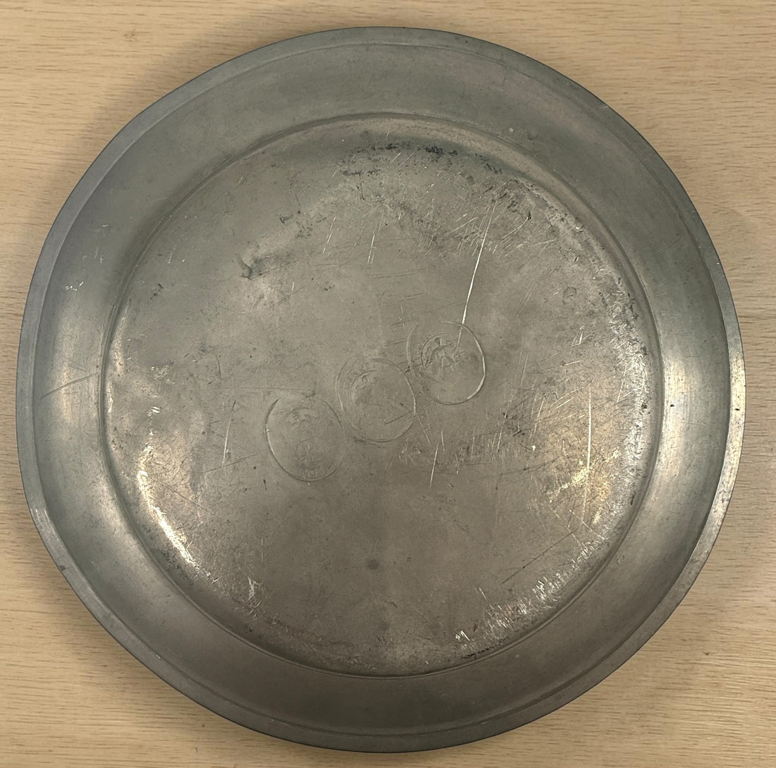 Antique continental pewter charger plate with rare angel marks and K. Winkel touchmarks. Primitive European pewter platter with aged patina.