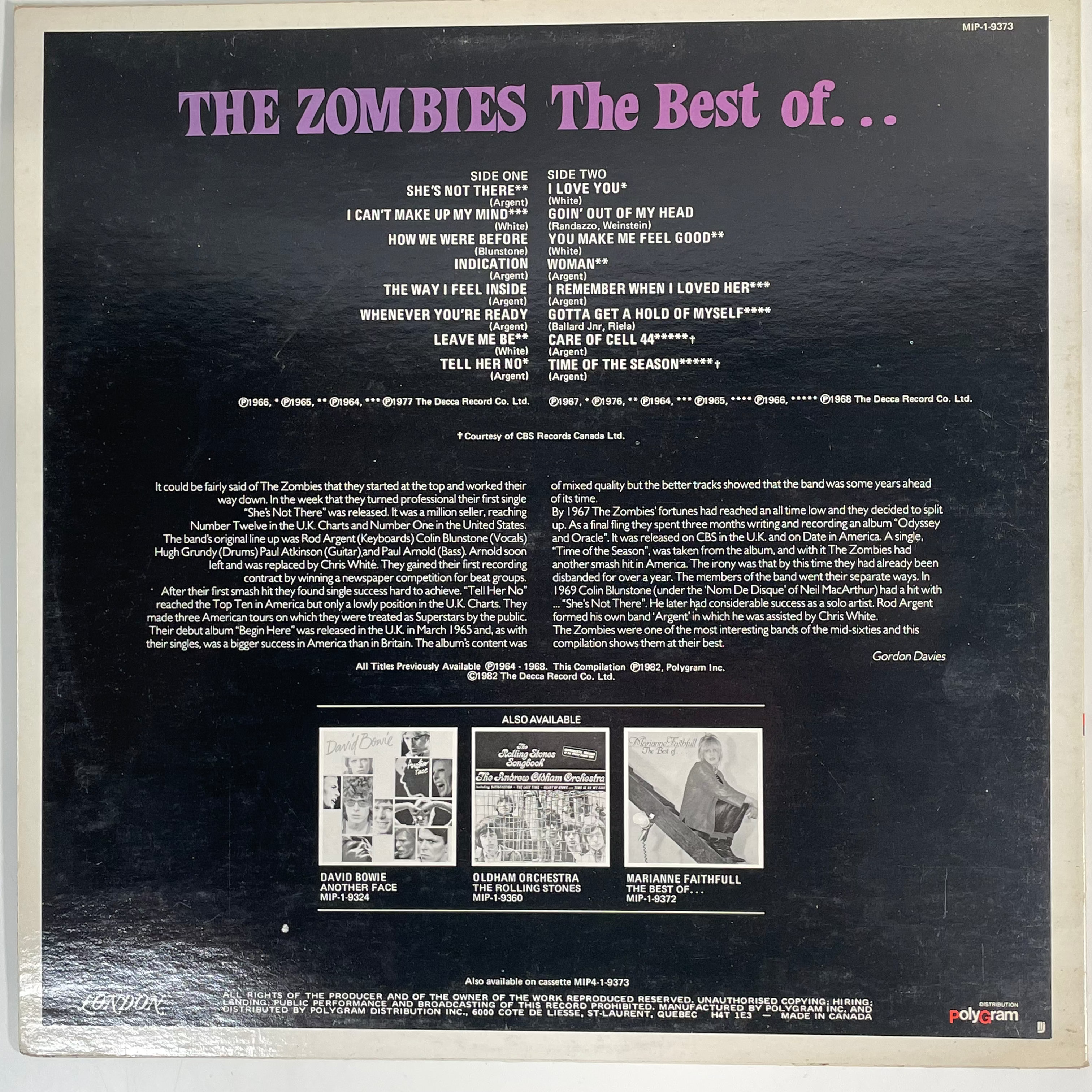 The Zombies – The Best Of LP 1982 London MIP-1-9373 M - NM. Canada