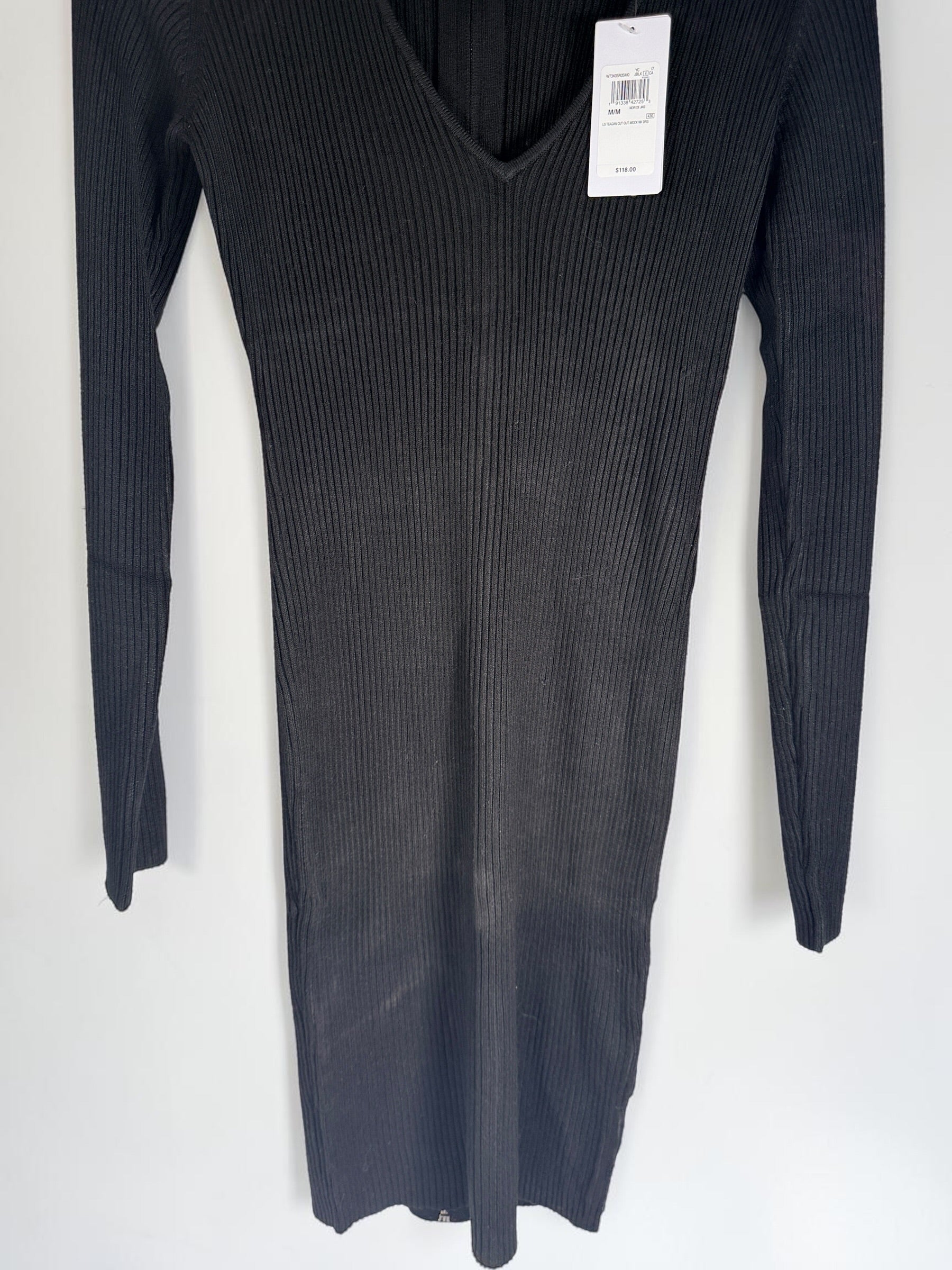 GUESS black ribbed knit bodycon dress in size medium, new with tags featuring convertible mock neck and zipper detail.