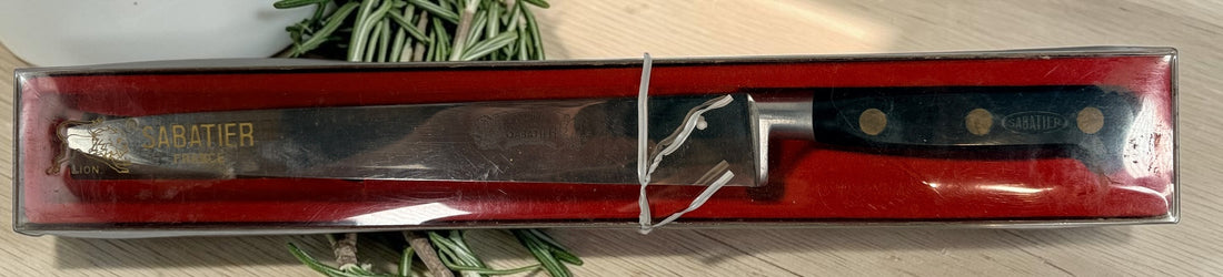 Vintage French Sabatier 2 Lions Carving Knife, Original Case. 9.5 in blade.