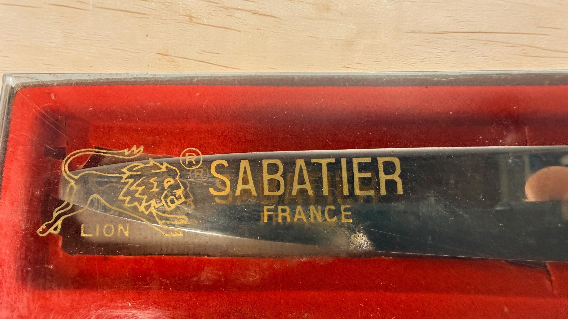 Vintage French Sabatier 2 Lions Carving Knife, Original Case. 9.5 in blade.