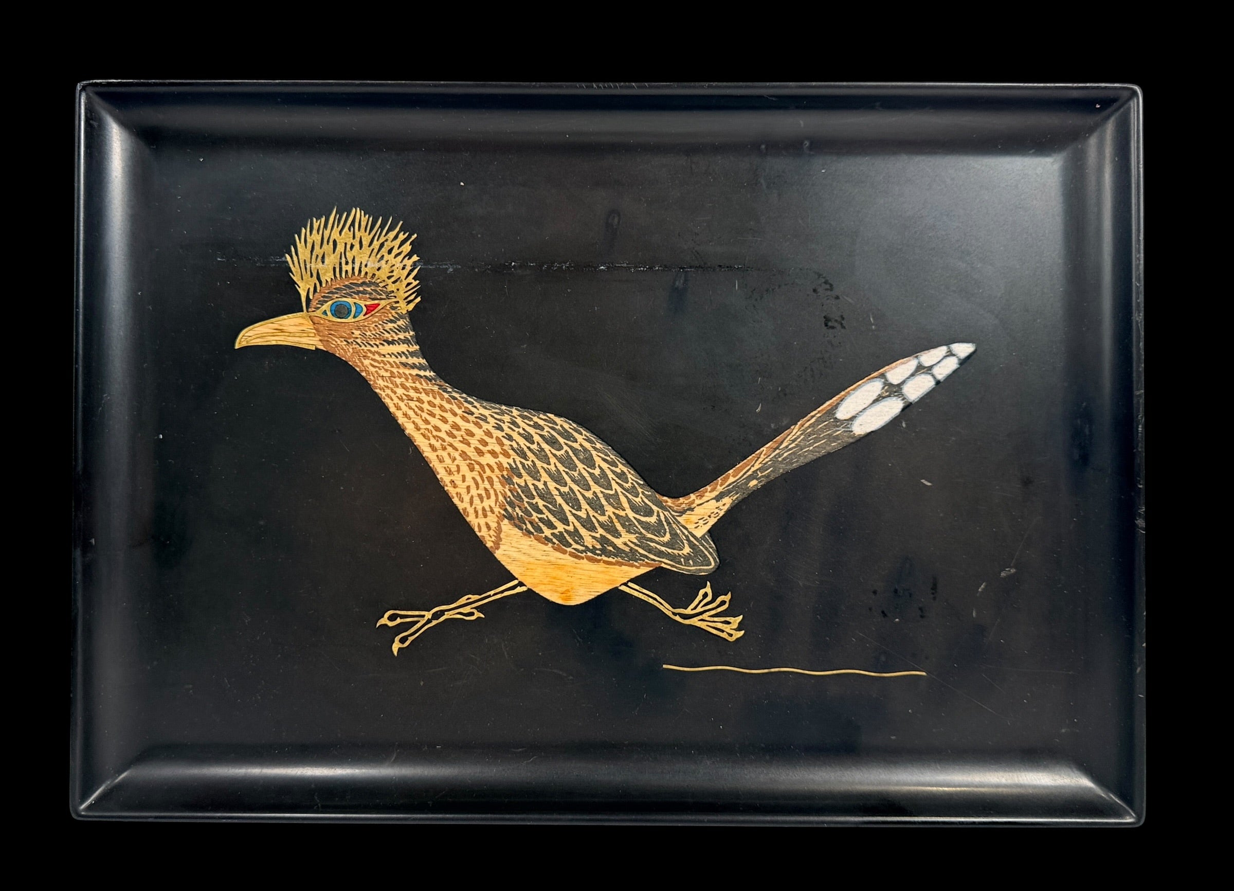 Vintage Couroc Monterey Roadrunner serving tray with hand-inlaid MCM Southwestern design in satin black phenolic resin.