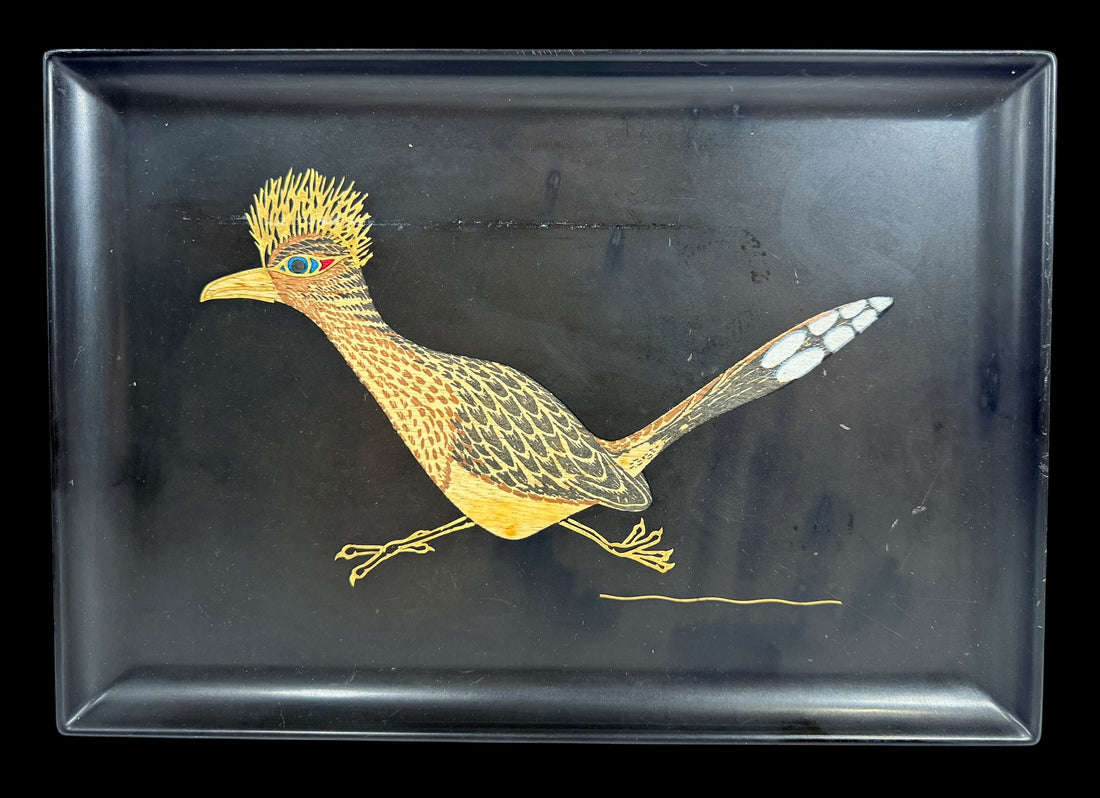 Vintage Couroc Monterey Roadrunner serving tray with hand-inlaid MCM Southwestern design in satin black phenolic resin.
