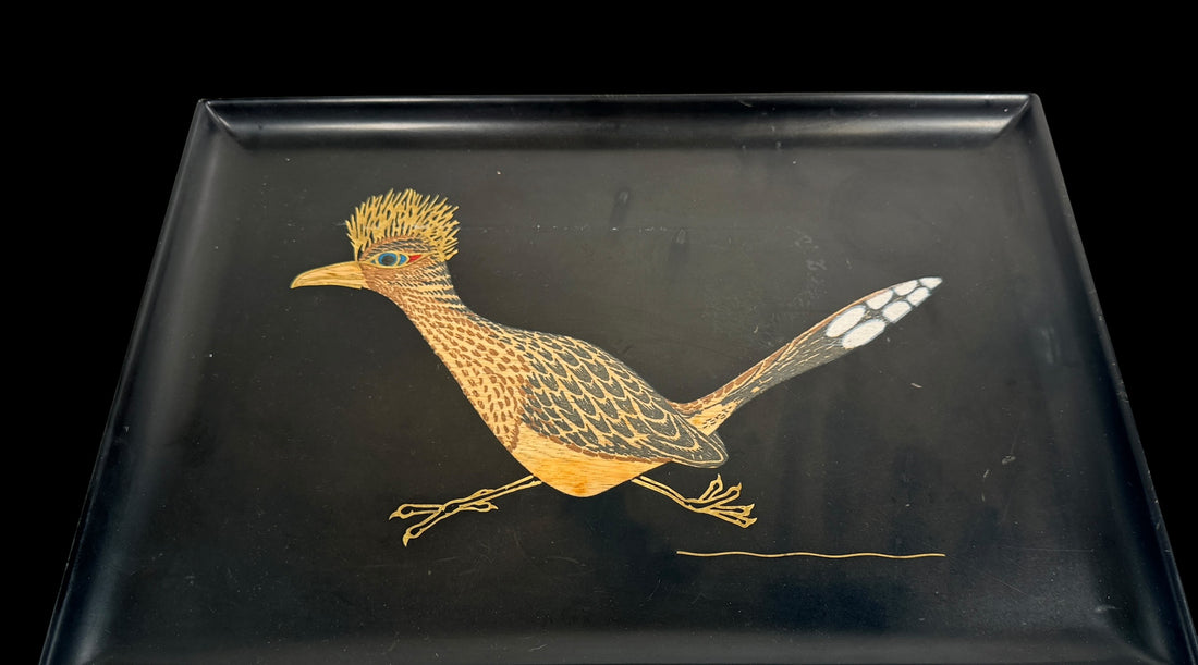 Vintage Couroc Monterey Roadrunner serving tray with hand-inlaid MCM Southwestern design in satin black phenolic resin.