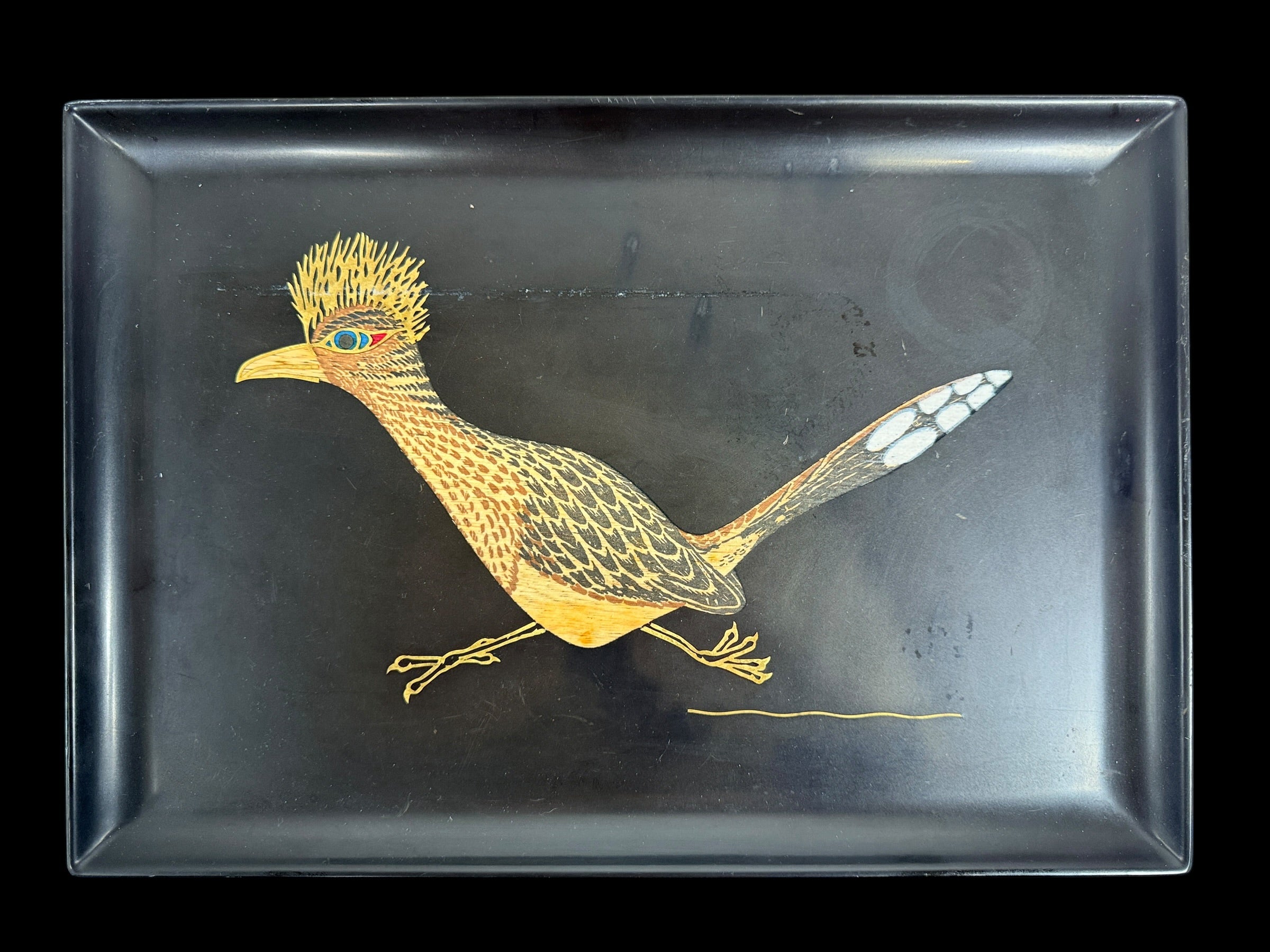 Vintage Couroc Monterey Roadrunner serving tray with hand-inlaid MCM Southwestern design in satin black phenolic resin.