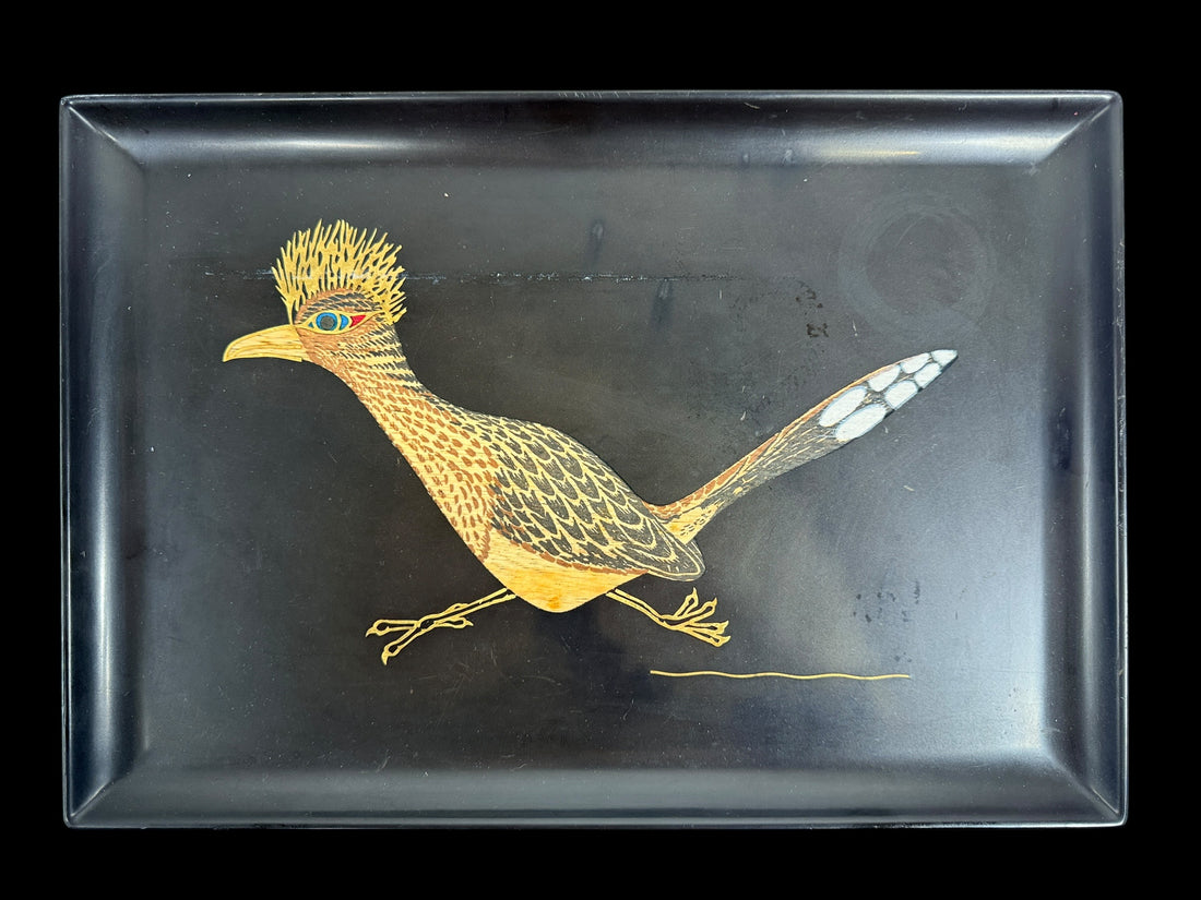 Vintage Couroc Monterey Roadrunner serving tray with hand-inlaid MCM Southwestern design in satin black phenolic resin.