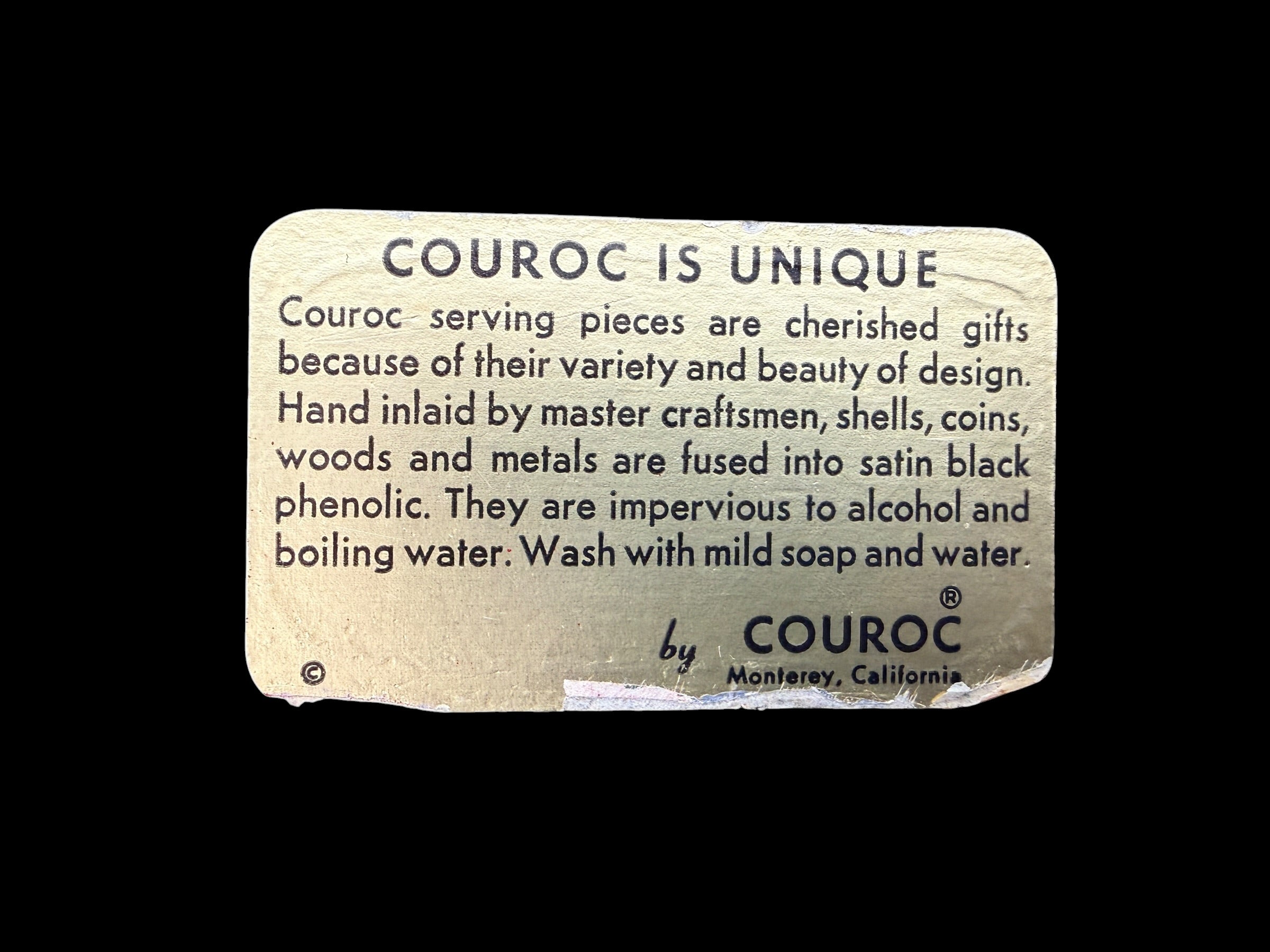 Vintage Couroc Monterey Roadrunner serving tray with hand-inlaid MCM Southwestern design in satin black phenolic resin.