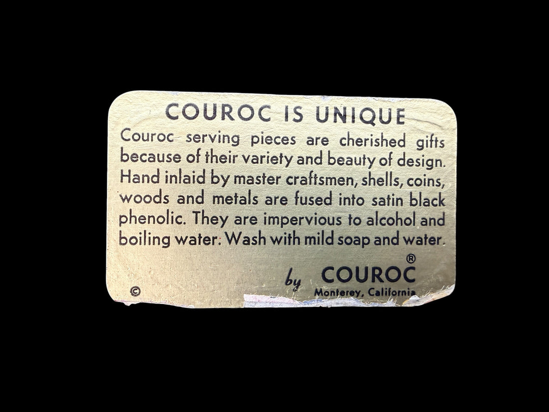 Vintage Couroc Monterey Roadrunner serving tray with hand-inlaid MCM Southwestern design in satin black phenolic resin.